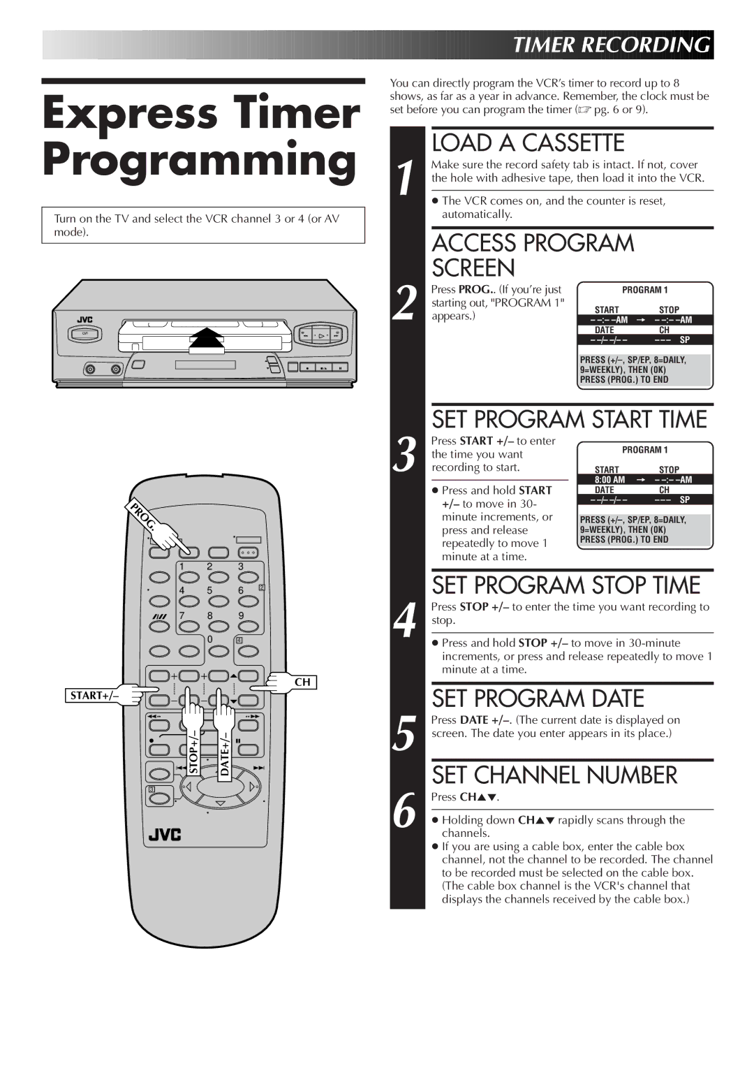 JVC HR-J4006UM manual Express Timer Programming, SET Program Date, SET Channel Number, EN Timer Recording 