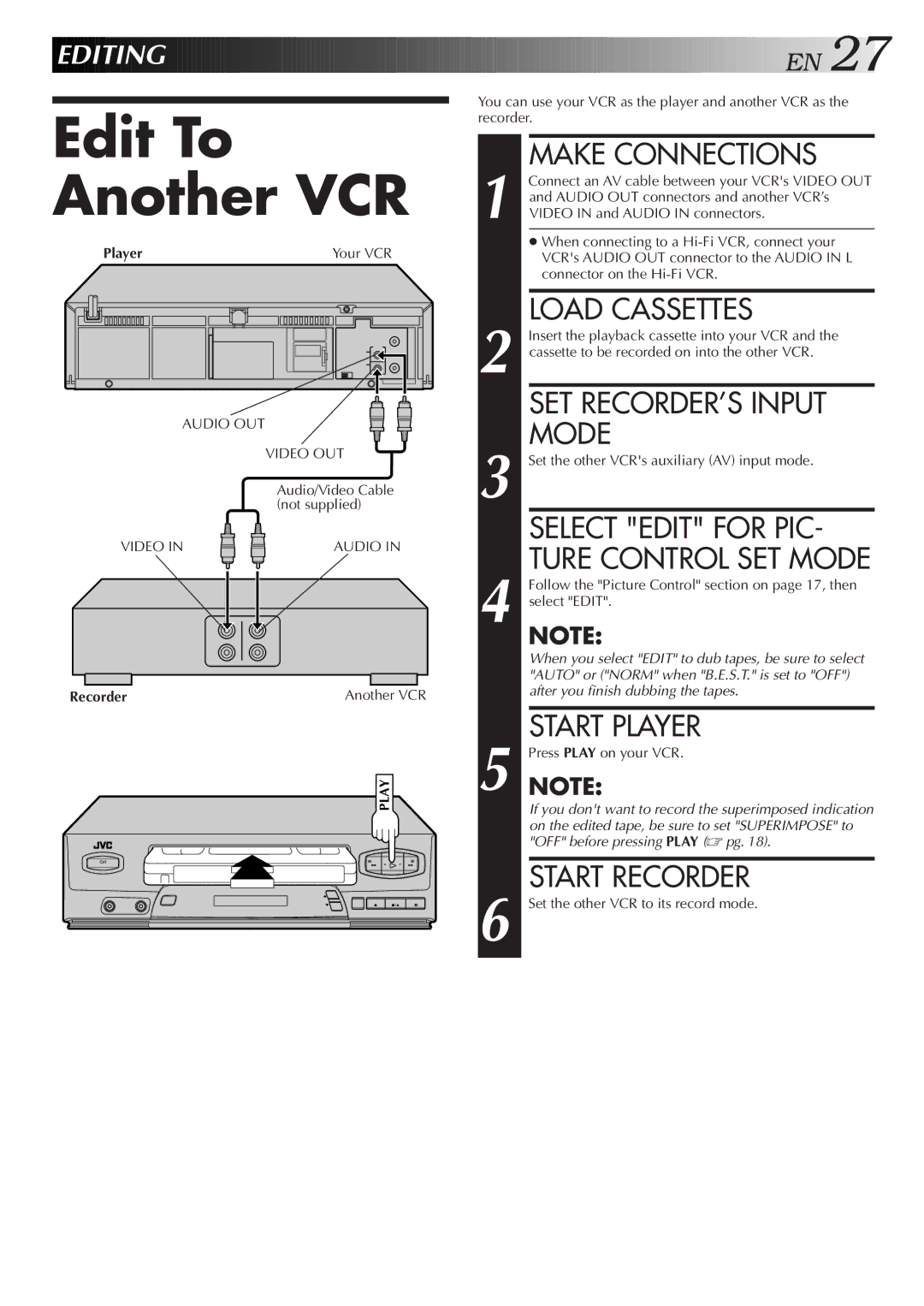 JVC HR-J4006UM manual Edit To Another VCR 