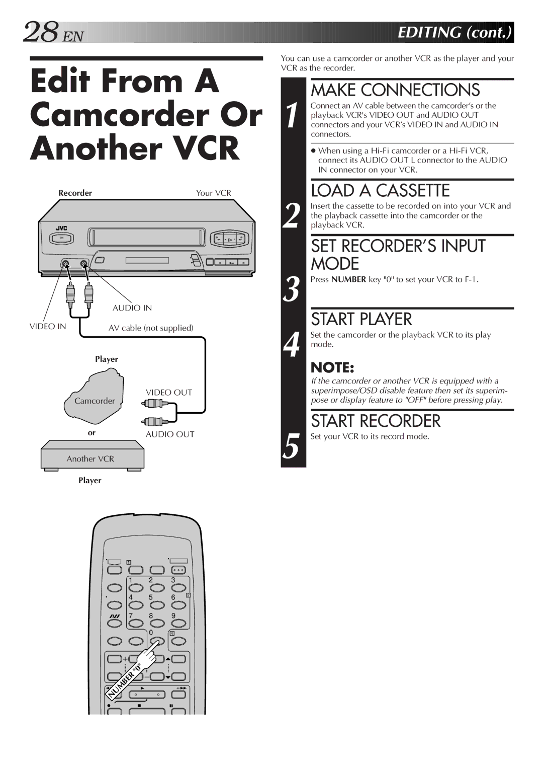 JVC HR-J4006UM manual Edit From a Camcorder Or Another VCR, SET RECORDER’S Input Mode, Editing, Audio Video 