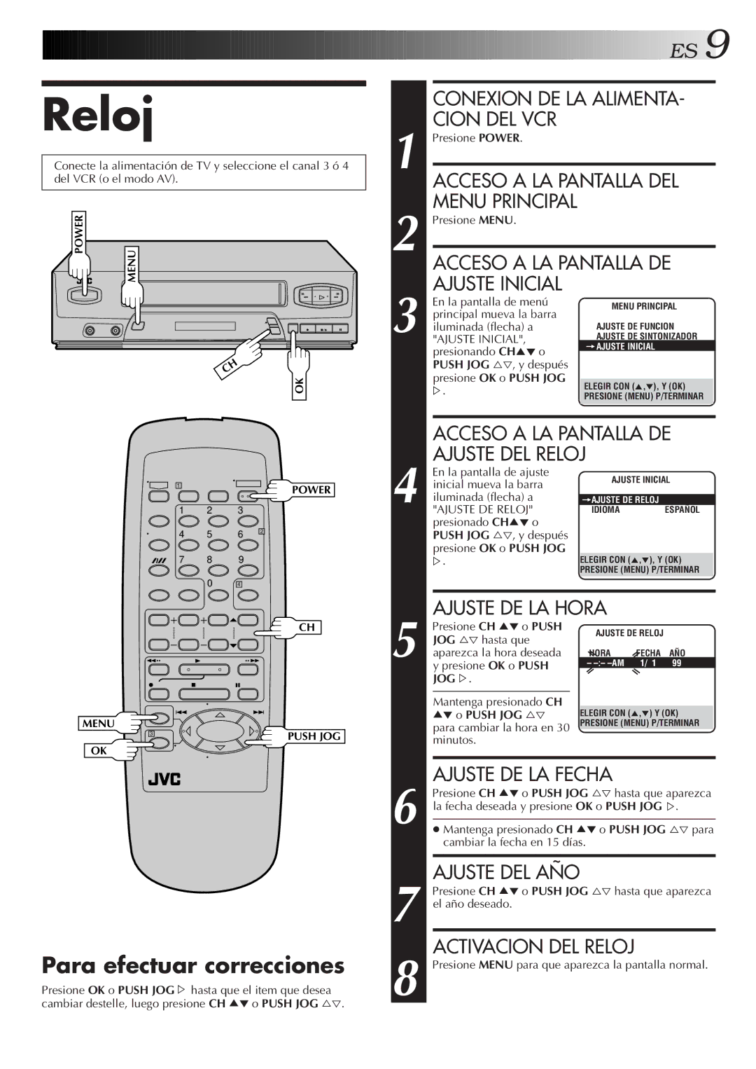 JVC HR-J4006UM manual Reloj, Para efectuar correcciones 