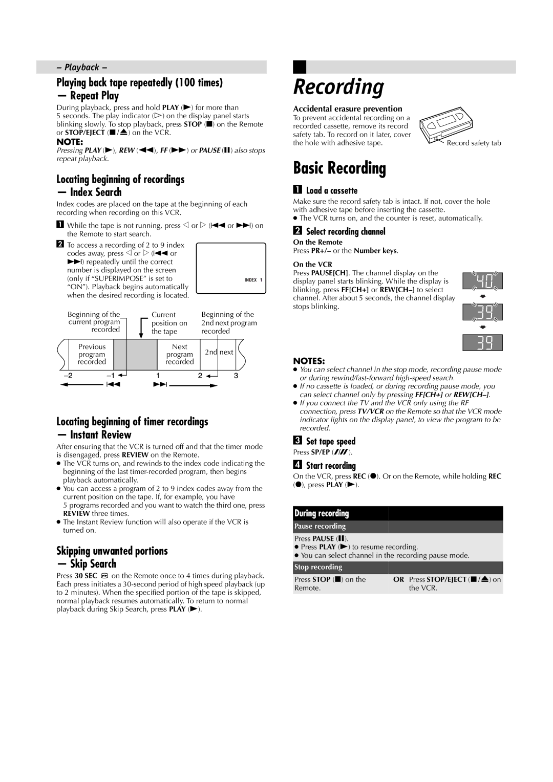 JVC HR-J4008UM manual Basic Recording 