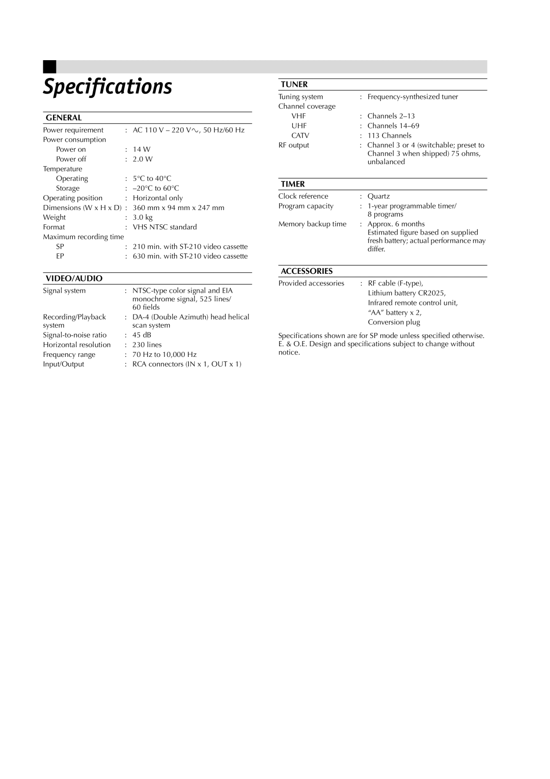 JVC HR-J4008UM manual Specifications, General 