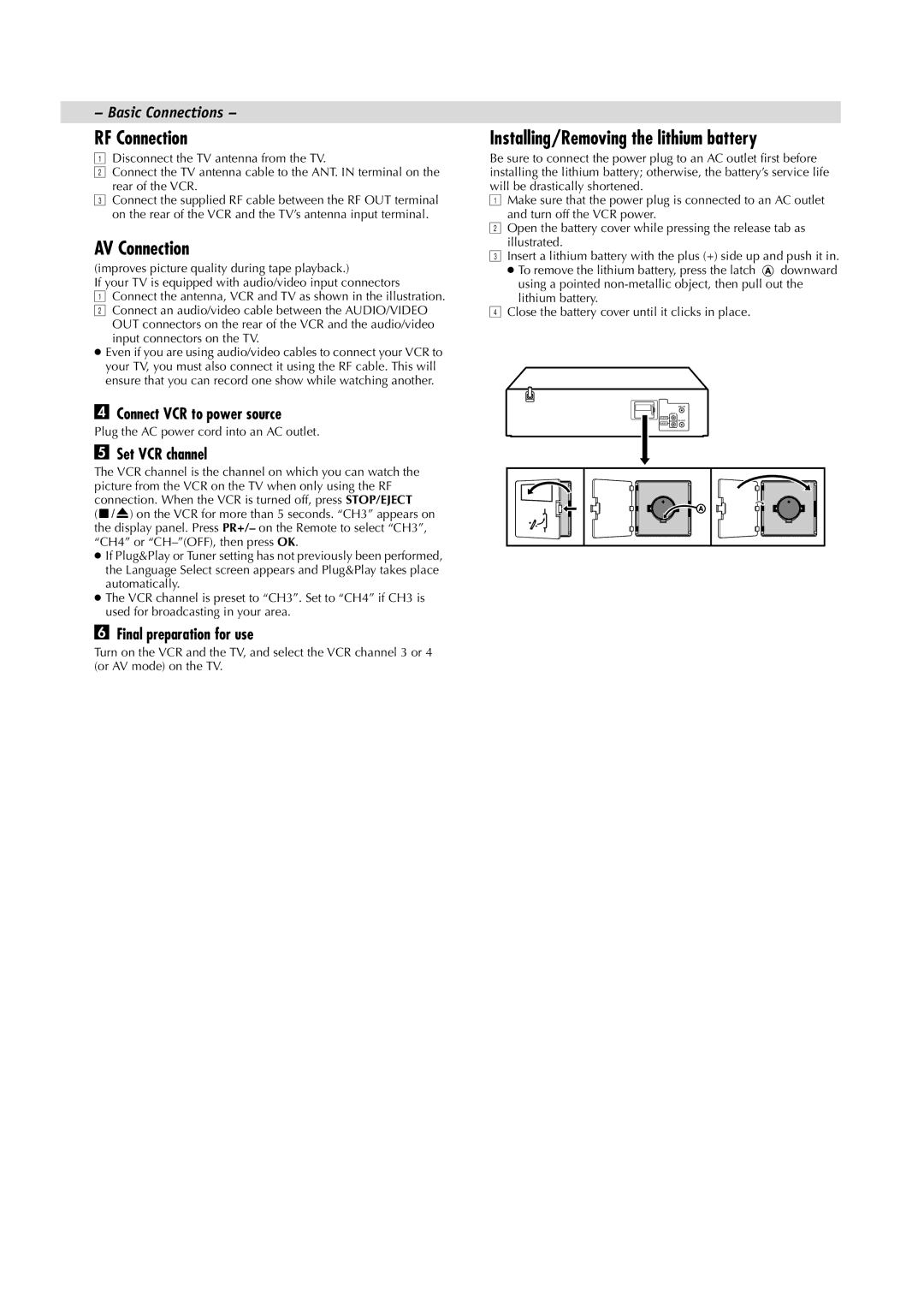 JVC HR-J4008UM manual RF Connection, AV Connection, Installing/Removing the lithium battery 