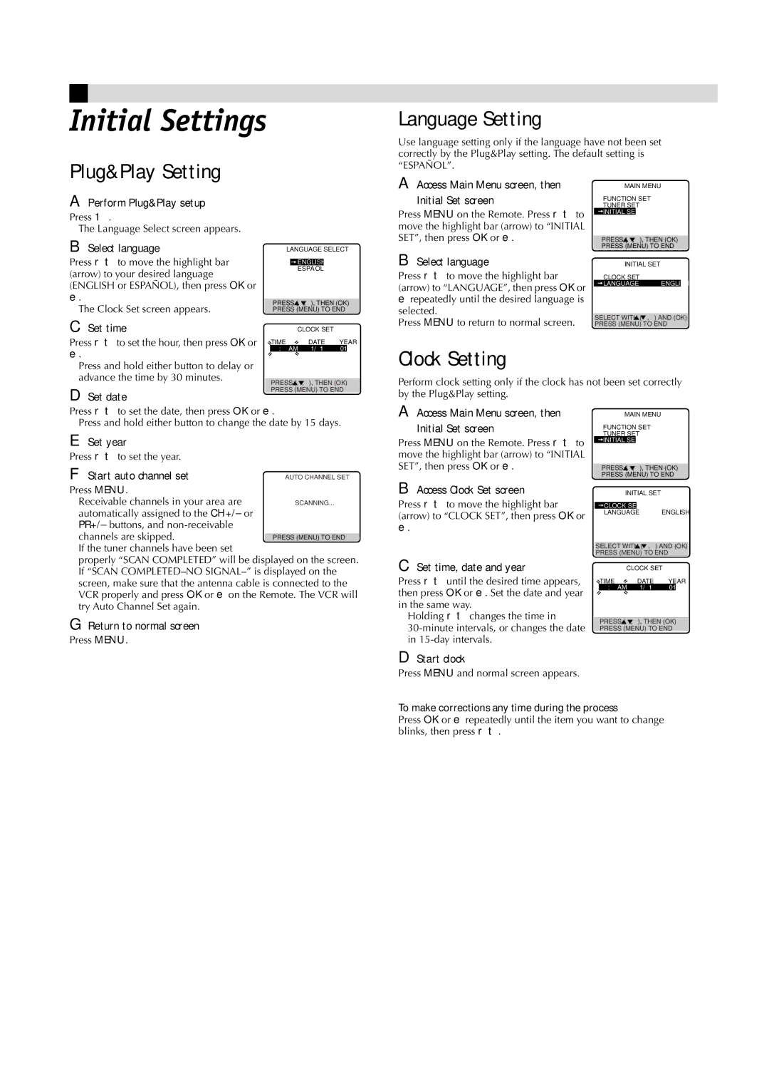 JVC HR-J4008UM manual Initial Settings, Plug&Play Setting Language Setting, Clock Setting 