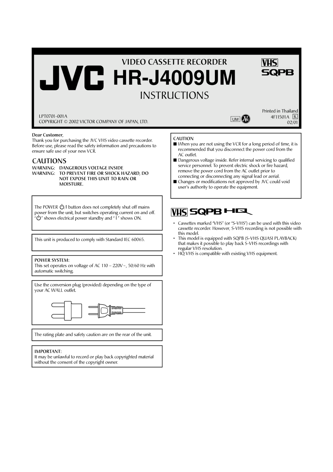 JVC HR-J4009UM manual 