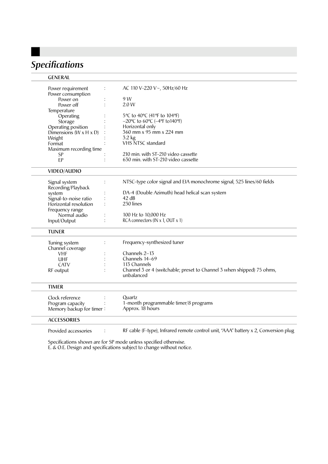 JVC HR-J4009UM manual Specifications 