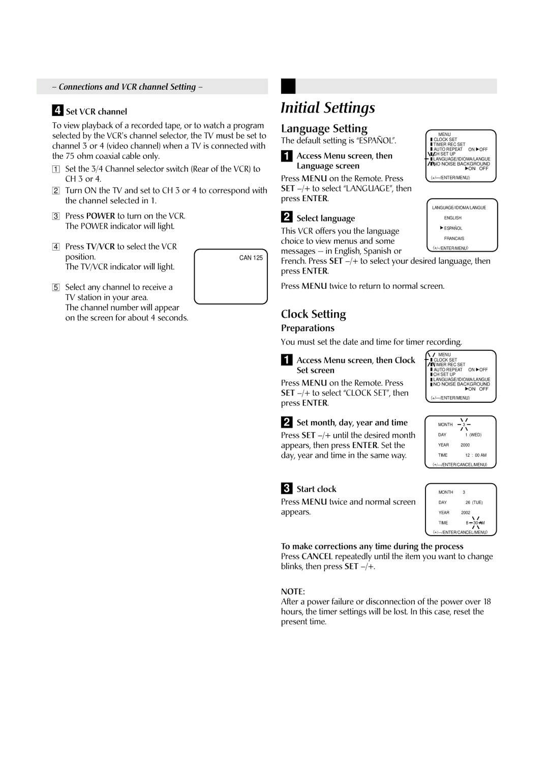 JVC HR-J4009UM manual Initial Settings, Language Setting, Clock Setting, Preparations 