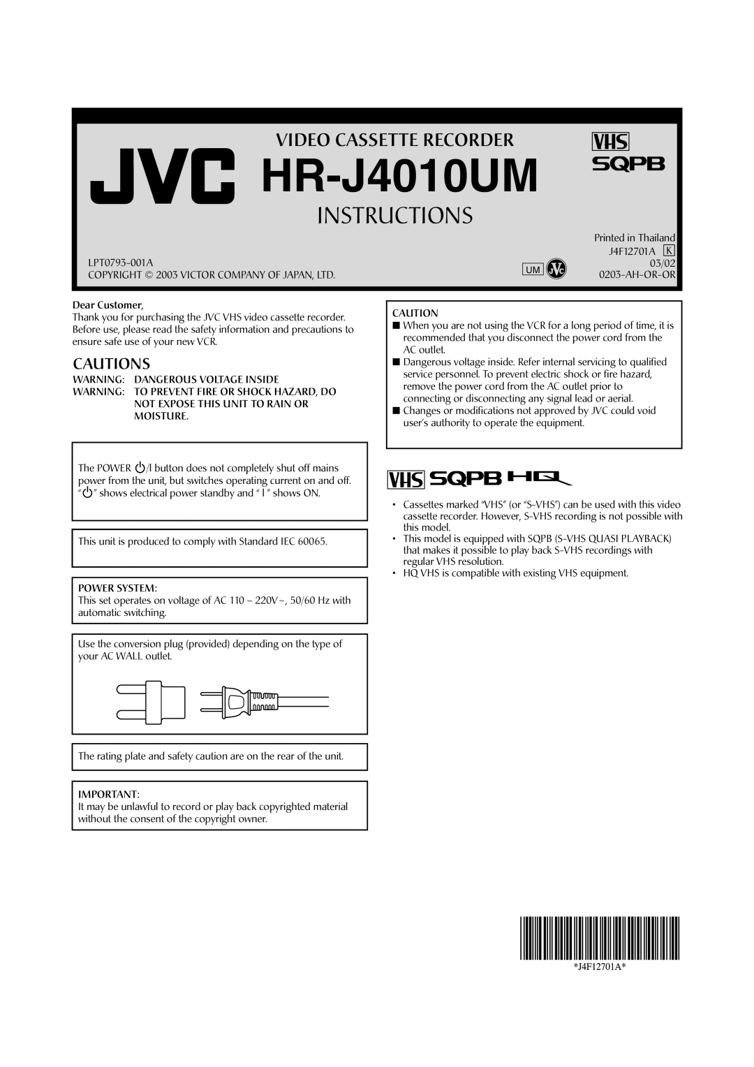 JVC HR-J4010UM manual 