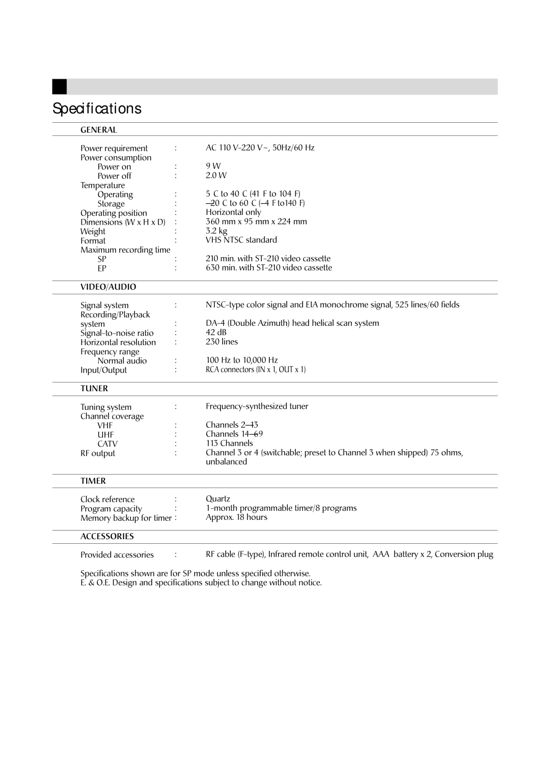 JVC HR-J4010UM manual Specifications 