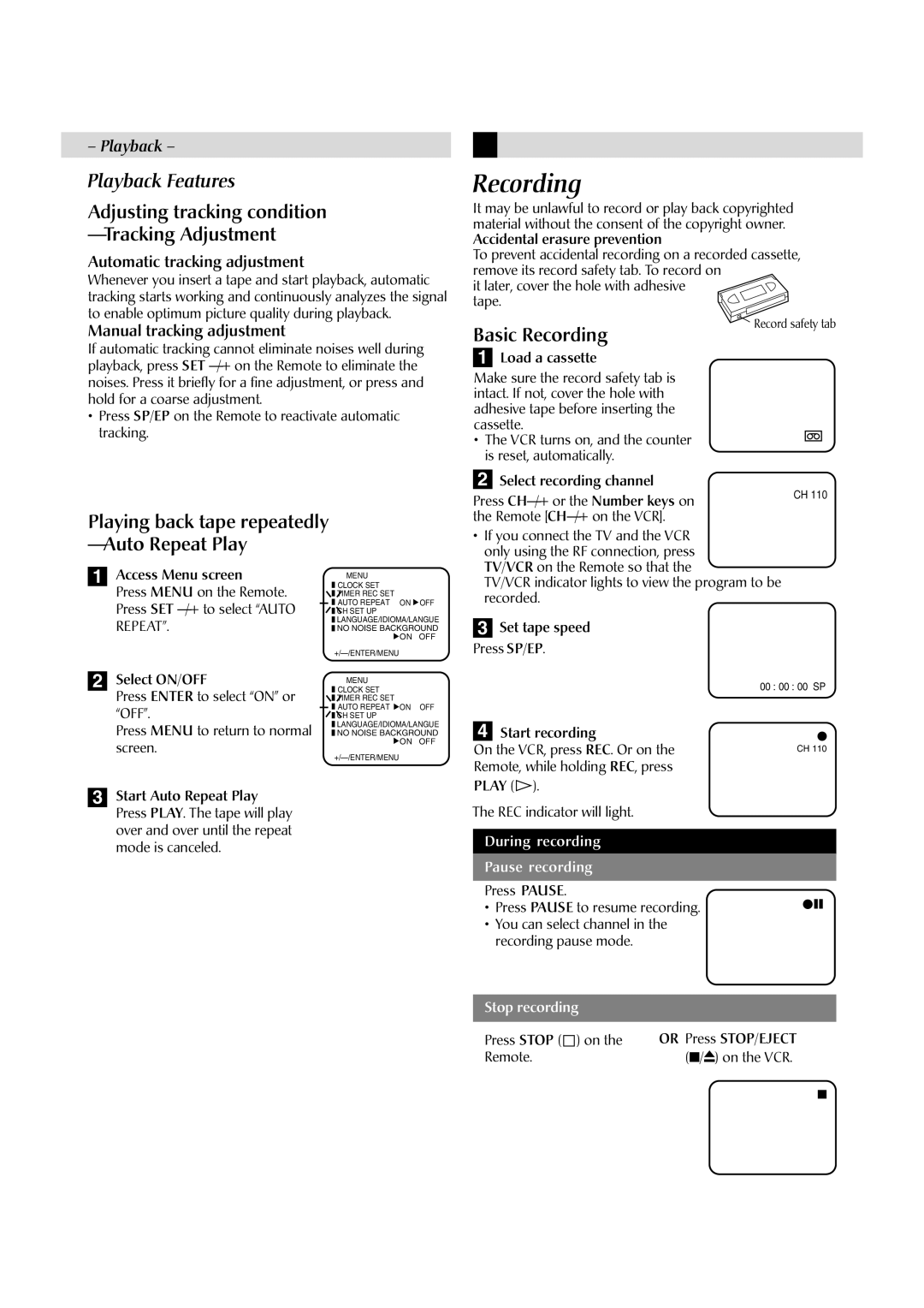 JVC HR-J4010UM manual Adjusting tracking condition Tracking Adjustment, Basic Recording 