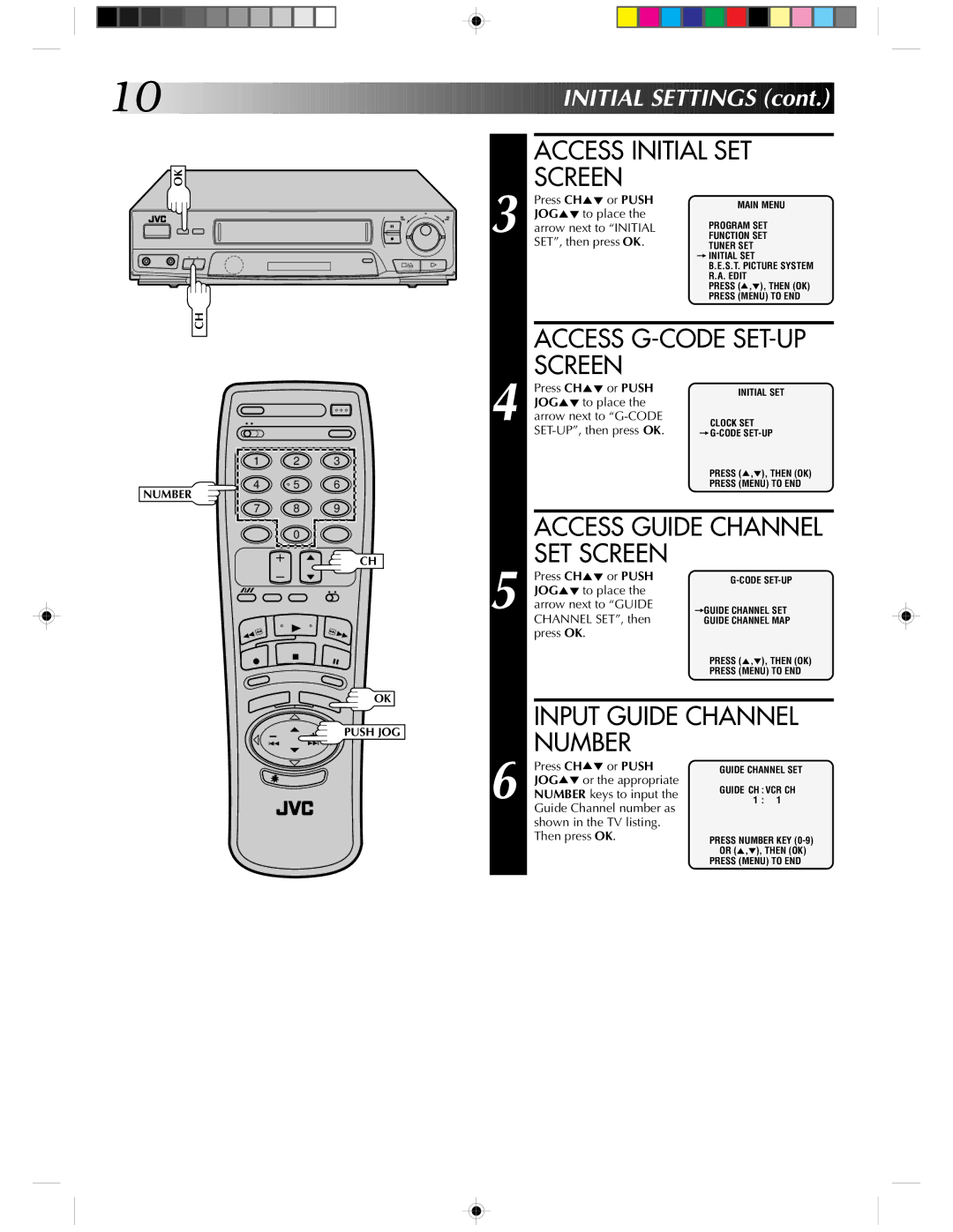 JVC HR-J430KR manual Access Initial SET Screen, Access G-CODE SET-UP Screen, Access Guide Channel SET Screen 