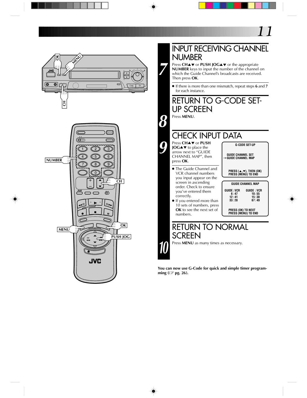 JVC HR-J430KR manual Input Receiving Channel Number, Return to G-CODE SET UP Screen, Return to Normal 