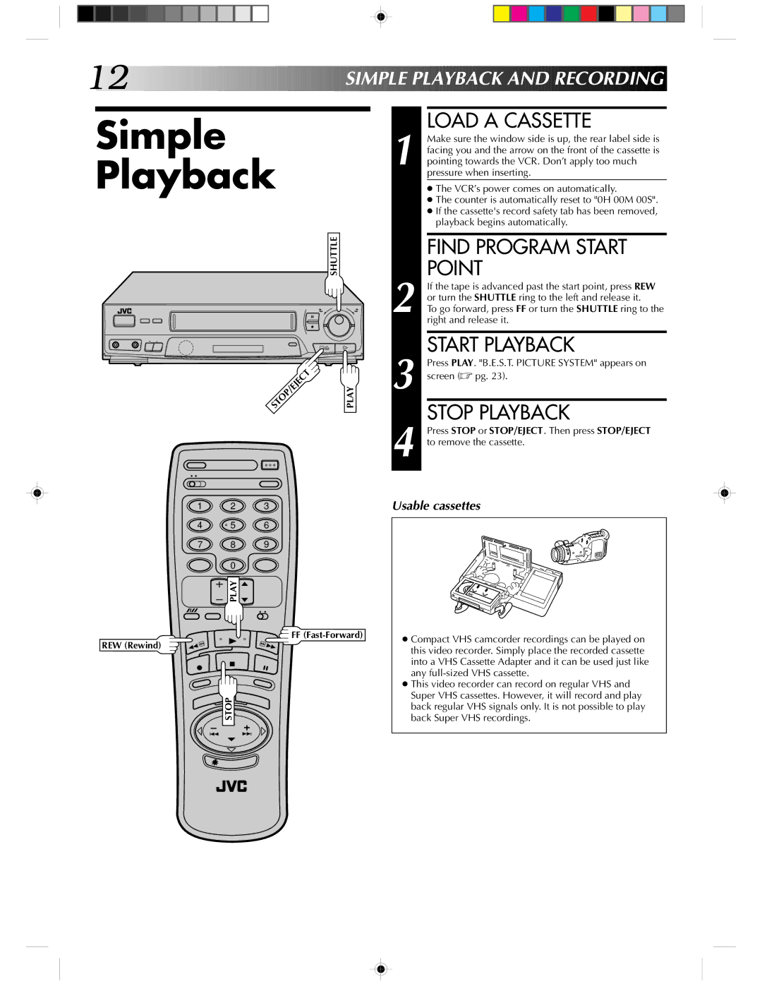 JVC HR-J430KR manual Simple Playback, Load a Cassette, Find Program Start Point, Start Playback, Stop Playback 