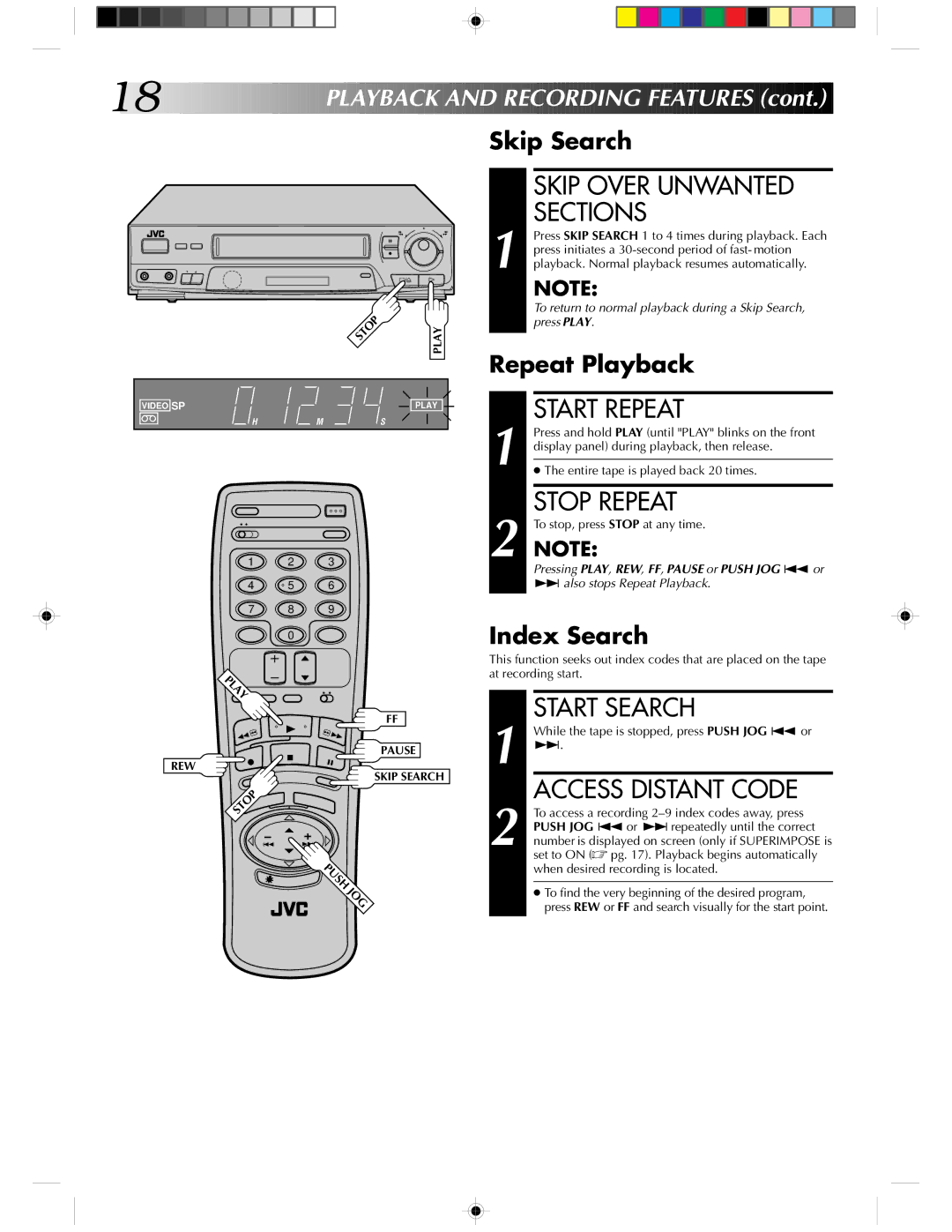 JVC HR-J430KR manual Skip Over Unwanted Sections, Start Repeat, Stop Repeat, Start Search, Access Distant Code 