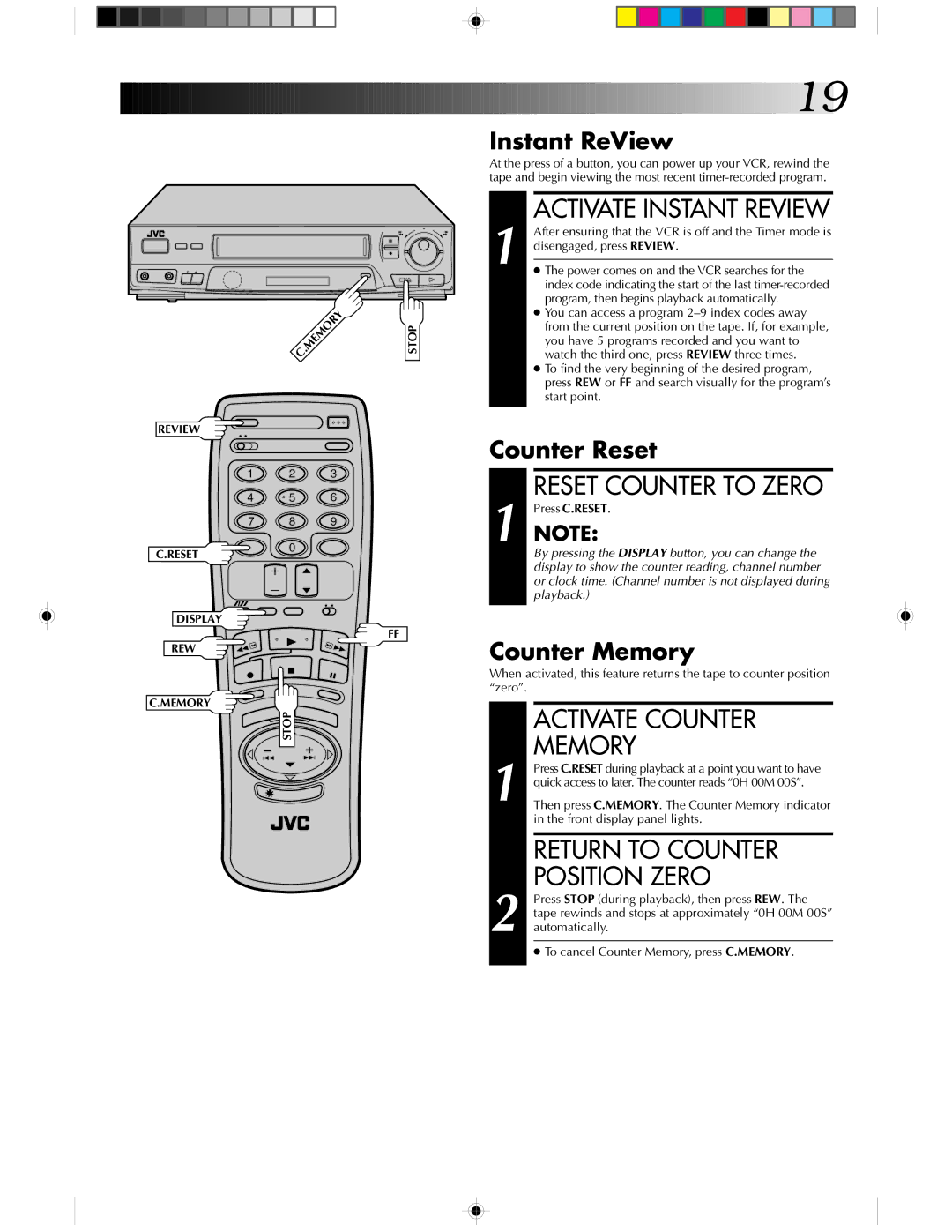 JVC HR-J430KR manual Activate Instant Review, Activate Counter, Memory, Return to Counter Position Zero 