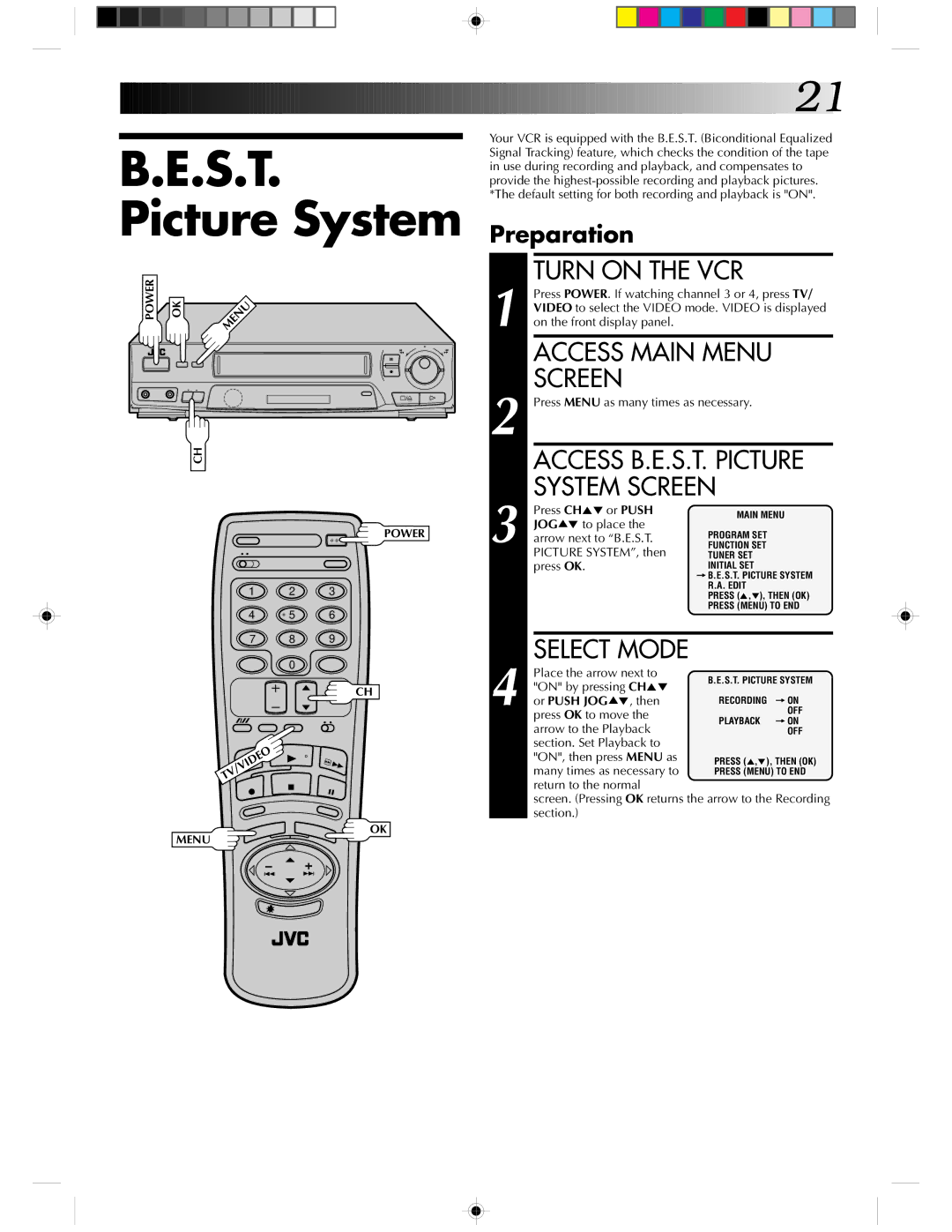 JVC HR-J430KR manual Access B.E.S.T. Picture System Screen, Select Mode, Preparation 