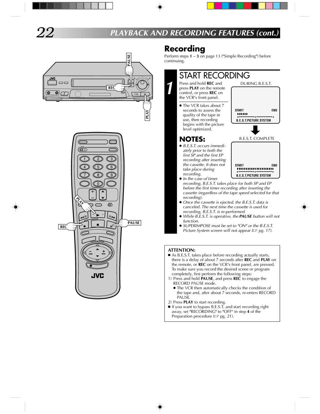 JVC HR-J430KR manual Recording, Press and hold REC, Quality of the tape Use, then recording 