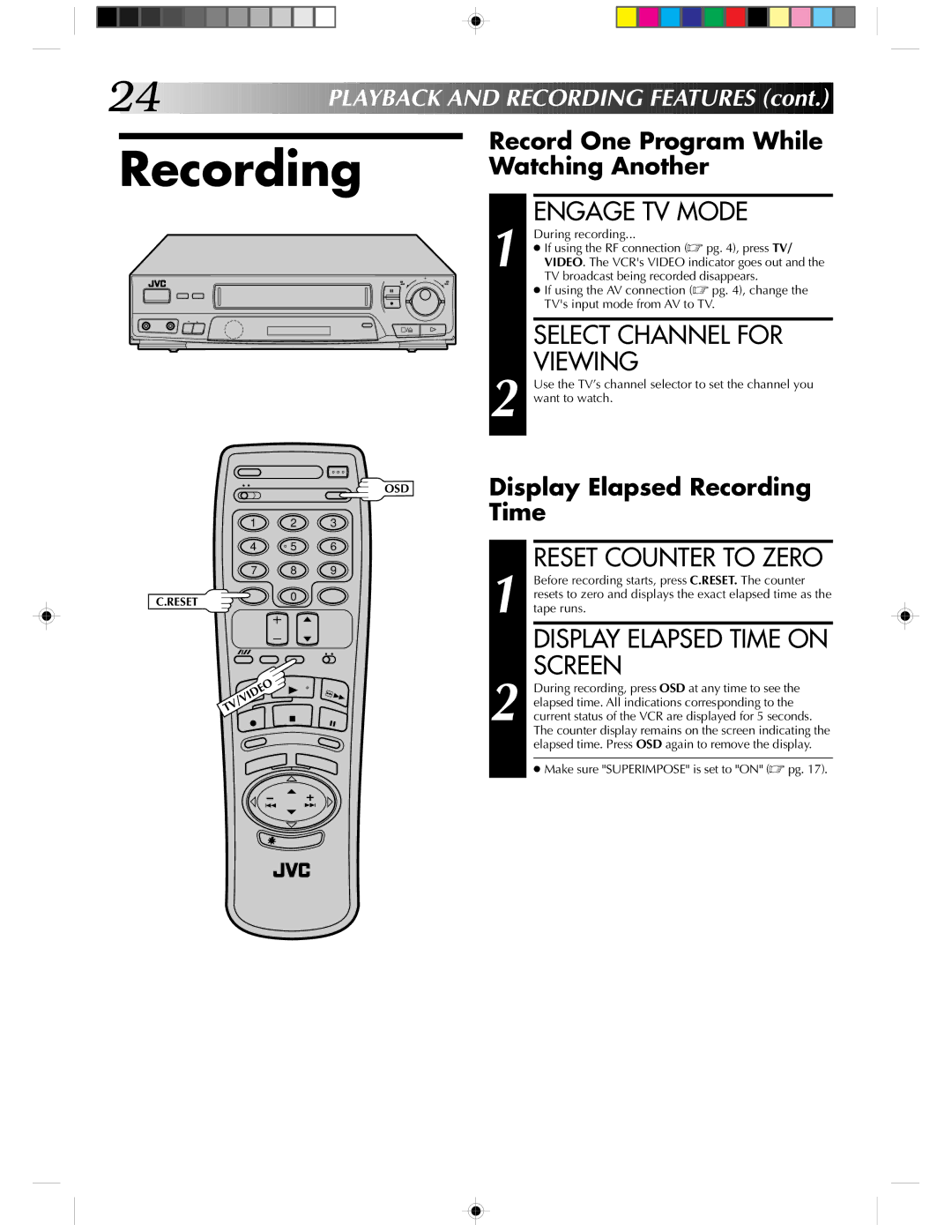 JVC HR-J430KR Recording, Engage TV Mode, Select Channel for Viewing, Reset Counter to Zero, Display Elapsed Time on Screen 