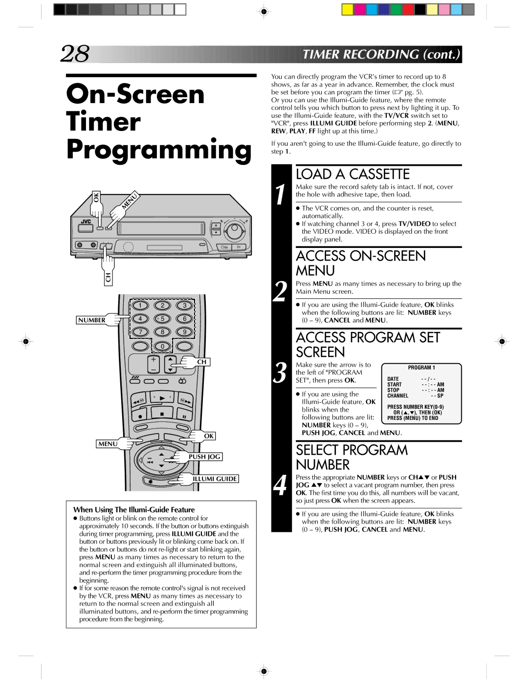 JVC HR-J430KR manual On-Screen Timer Programming, Access ON-SCREEN, Menu, Access Program SET Screen 