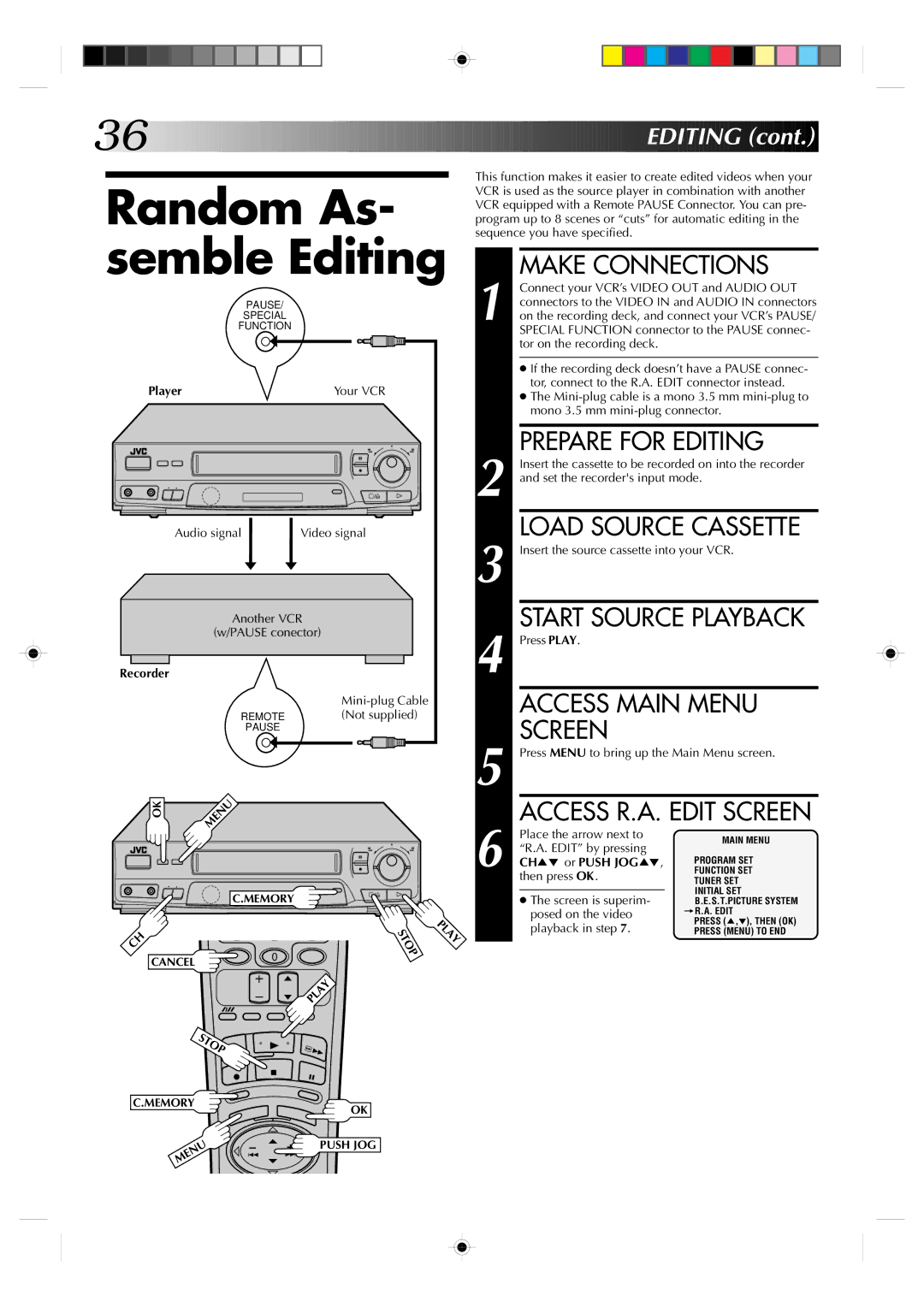 JVC HR-J430KR manual Random As- semble Editing, Prepare for Editing 