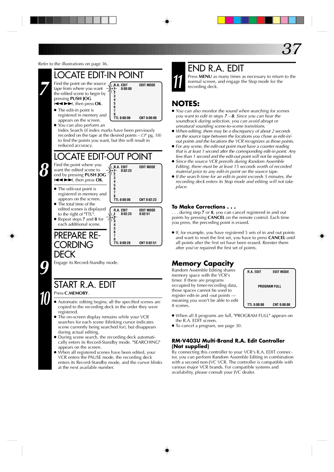 JVC HR-J430KR manual END R.A. Edit, Start R.A. Edit 