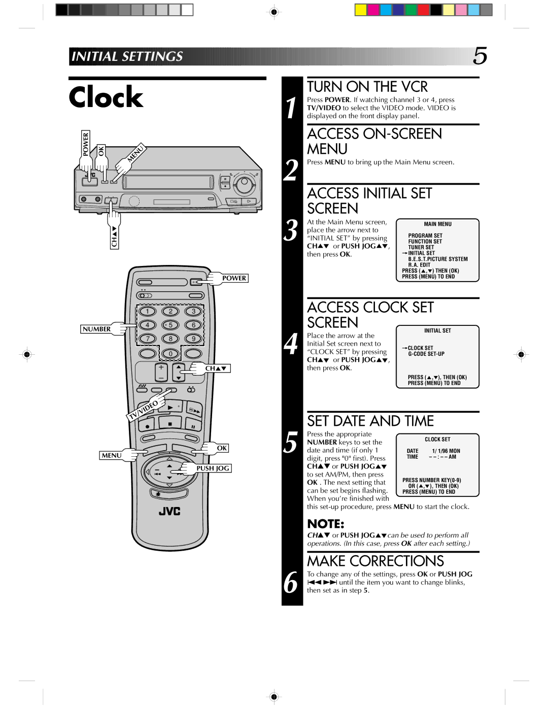 JVC HR-J430KR manual Clock, SET Date and Time, Make Corrections 