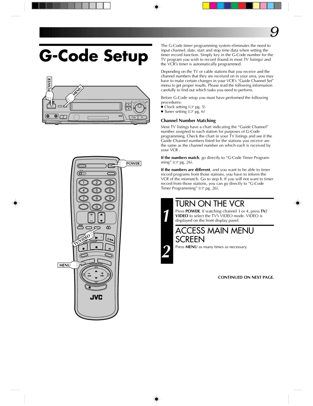 JVC HR-J430KR manual Code Setup, Access Main Menu Screen 