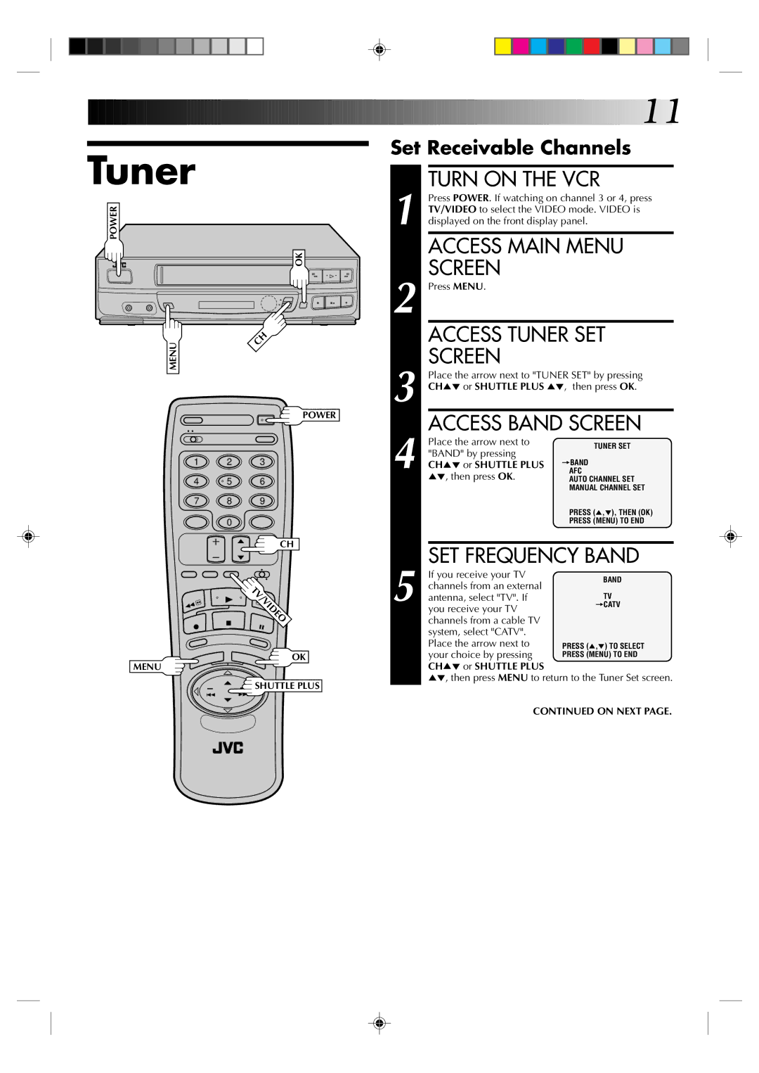 JVC HR-J430U manual Access Main Menu, Access Tuner SET, Access Band Screen, SET Frequency Band 