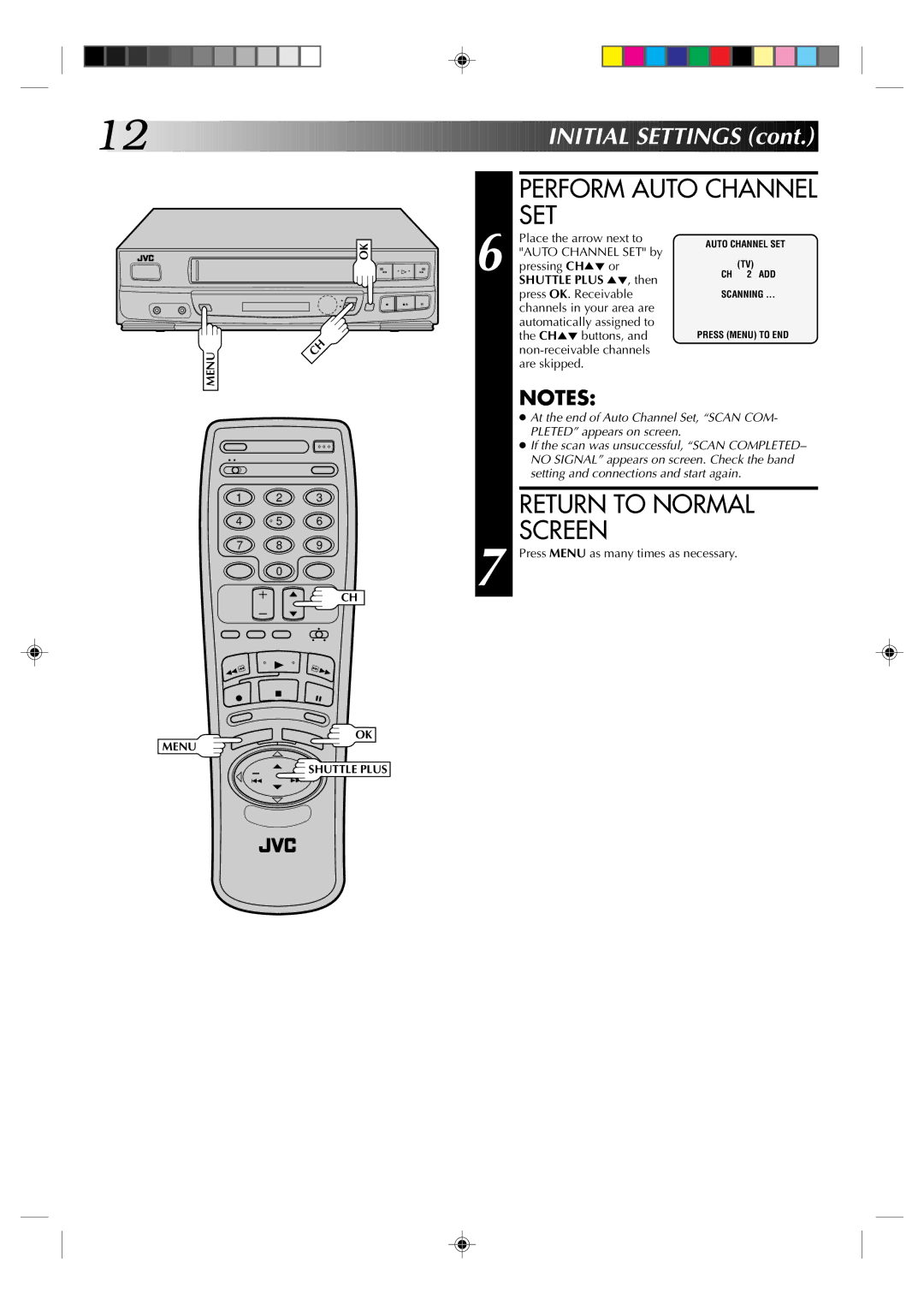 JVC HR-J430U manual Perform Auto Channel SET, Return to Normal Screen 