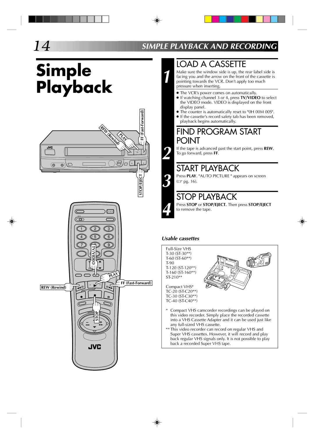 JVC HR-J430U manual Simple Playback, Load a Cassette, Find Program Start Point, Start Playback, Stop Playback 