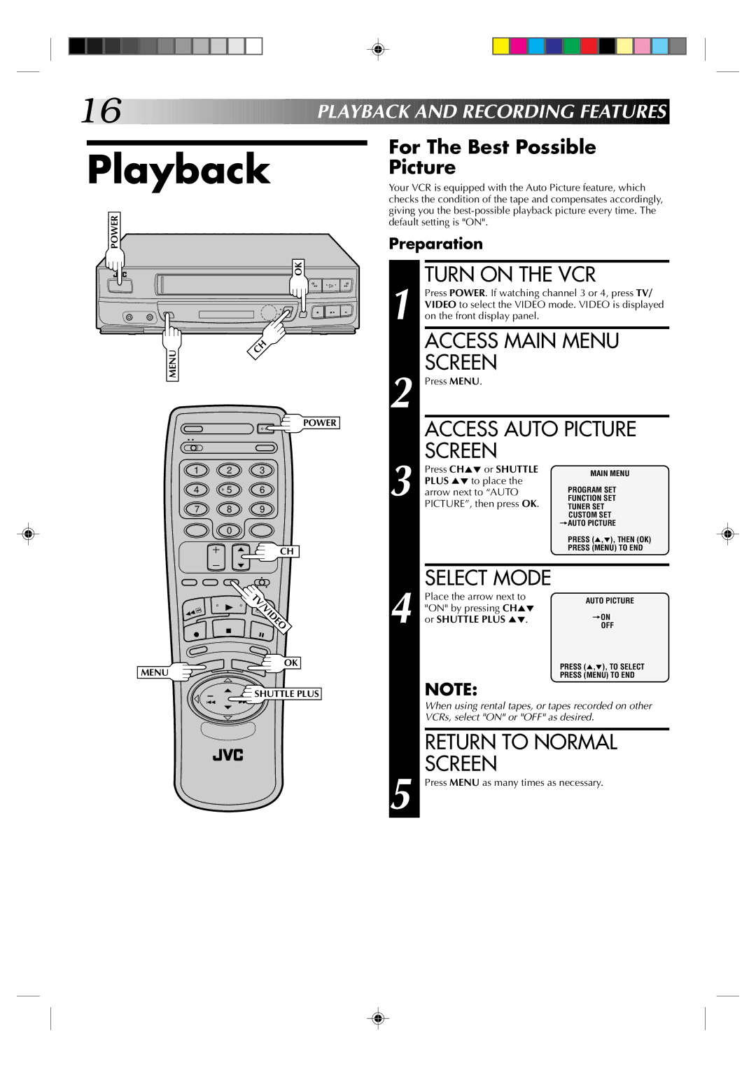 JVC HR-J430U manual Access Auto Picture, Playb a CK and Recording Feat Ures, For The Best Possible Picture 