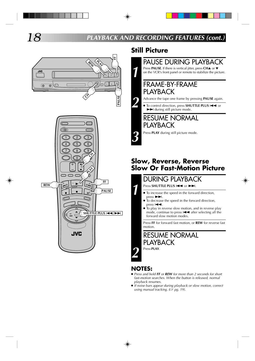 JVC HR-J430U manual Frame-By-Frame, Resume Normal, During Playback, Layback and Recording Features 