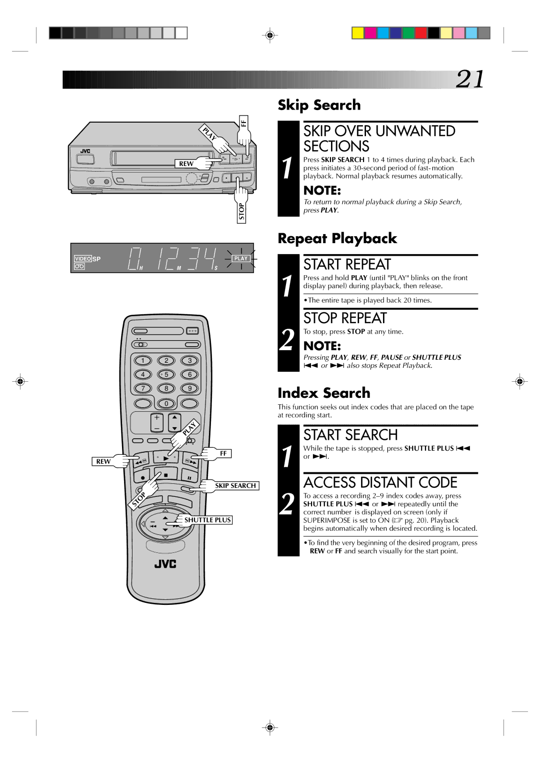 JVC HR-J430U manual Skip Over Unwanted Sections, Start Repeat, Stop Repeat, Start Search, Access Distant Code 