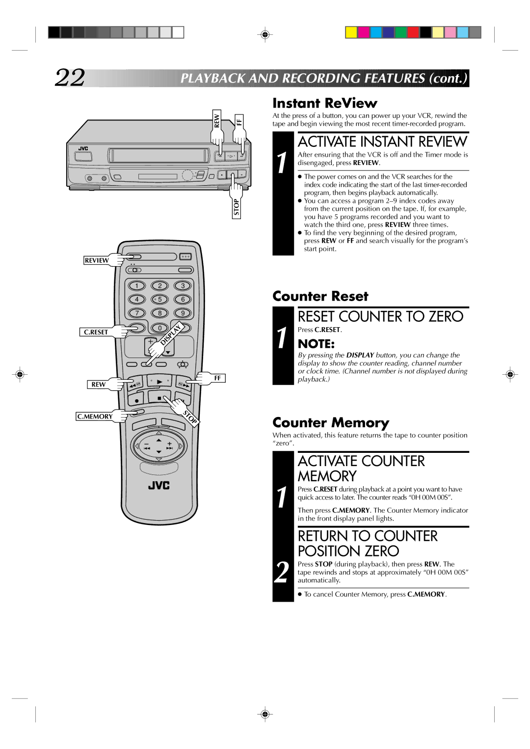 JVC HR-J430U Activate Instant Review, Reset Counter to Zero, Activate Counter, Memory, Return to Counter Position Zero 