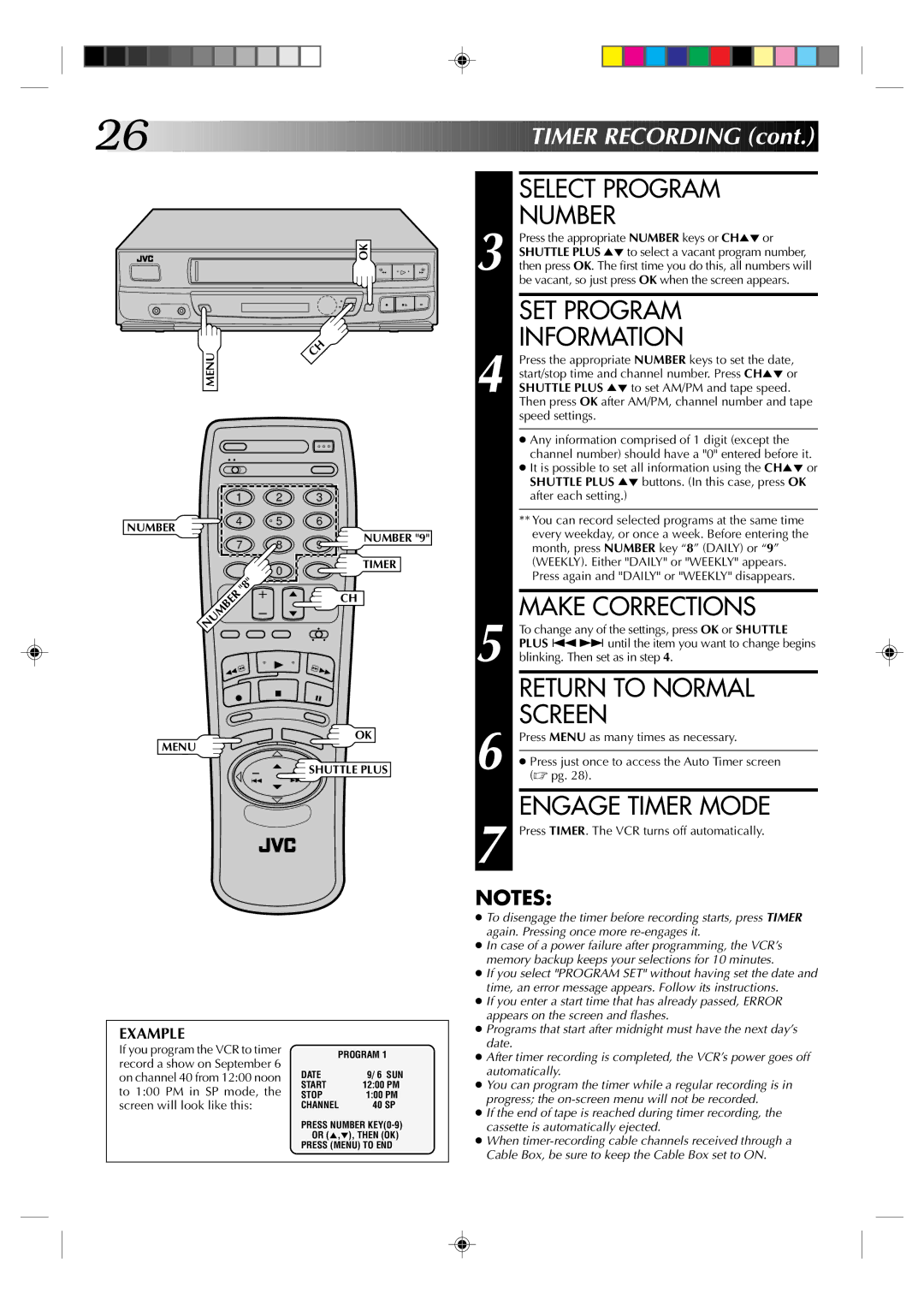 JVC HR-J430U manual Select Program Number, SET Program Information, Engage Timer Mode 