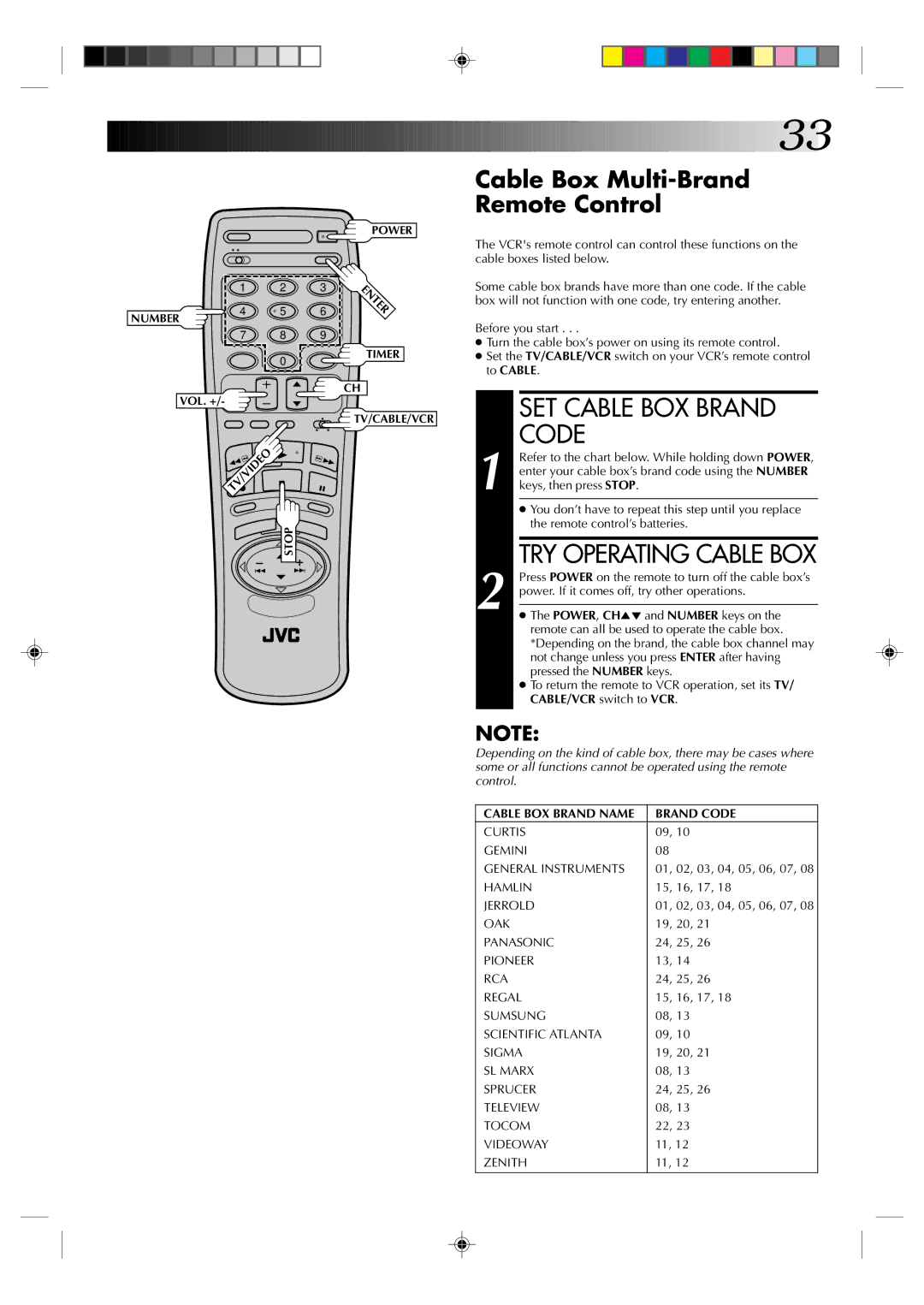 JVC HR-J430U manual SET Cable BOX Brand Code, TRY Operating Cable BOX, Cable Box Multi-Brand Remote Control 