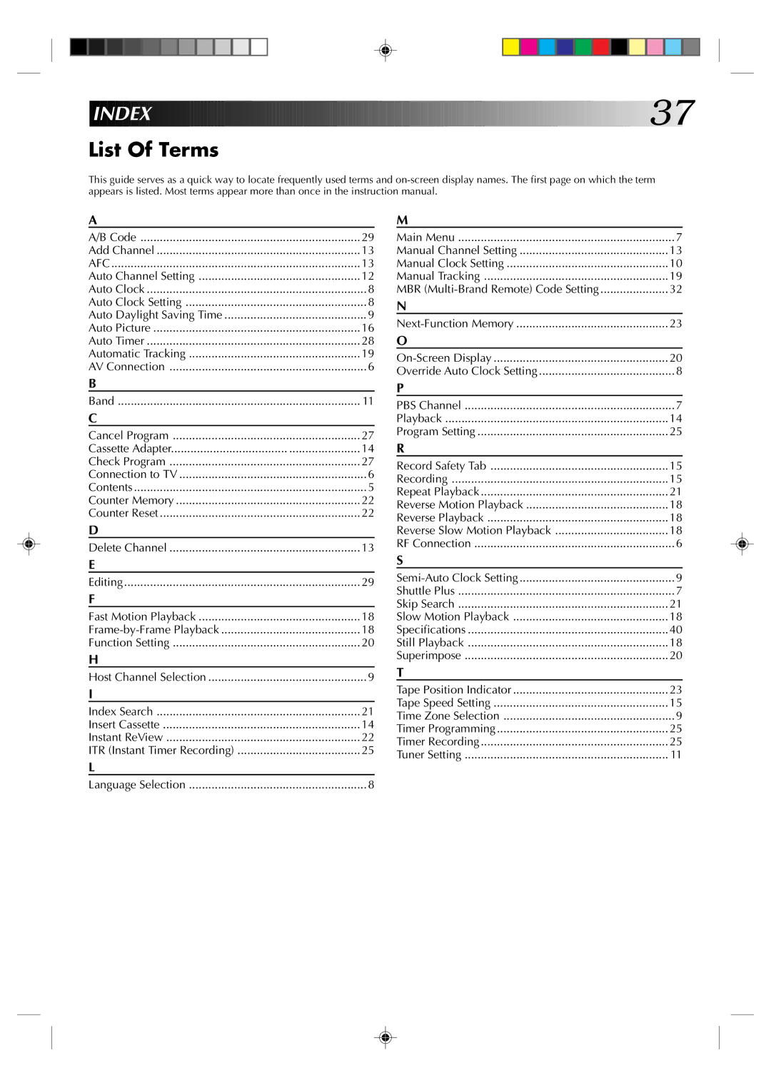 JVC HR-J430U manual Index, List Of Terms 