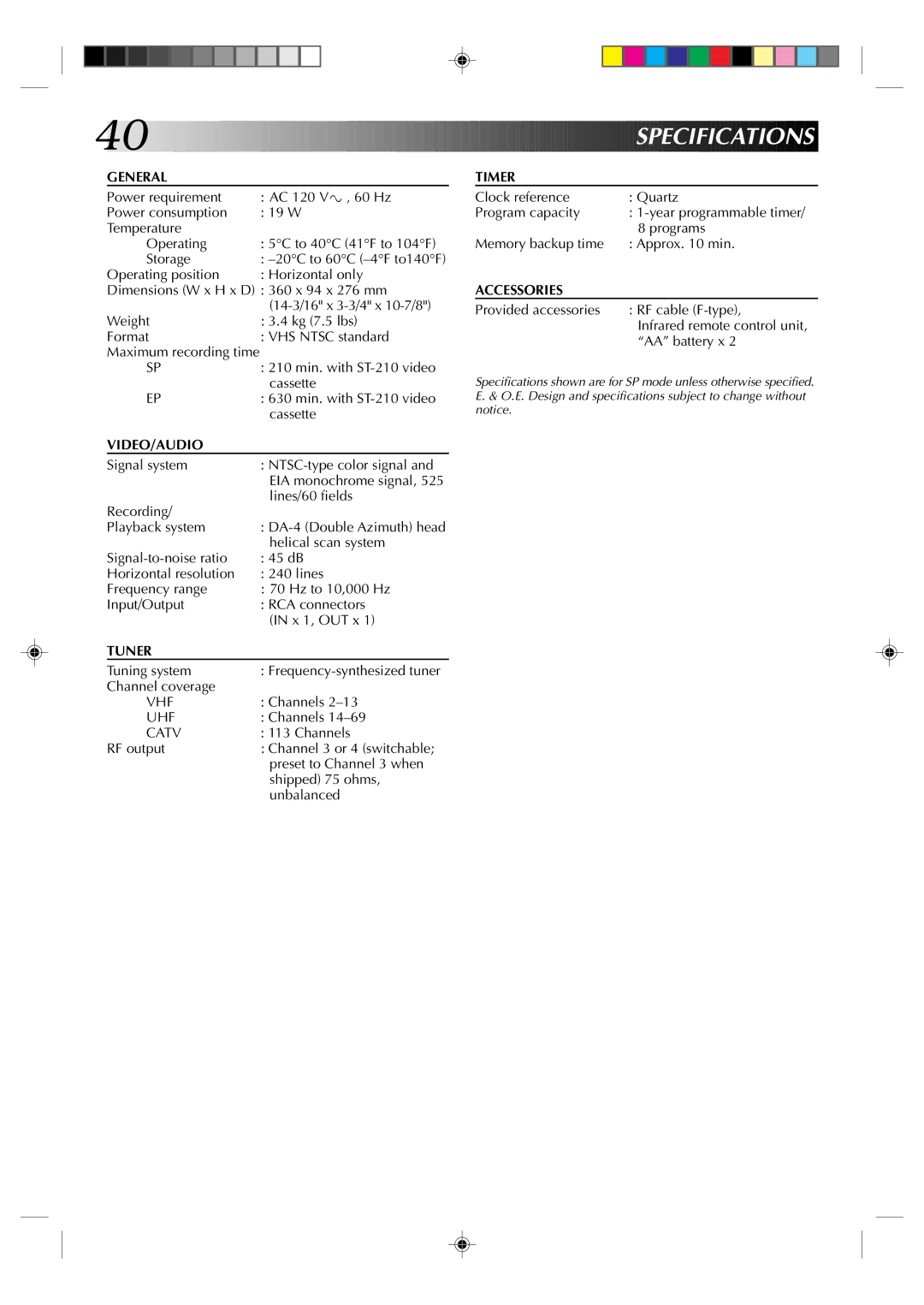 JVC HR-J430U manual Specifications 