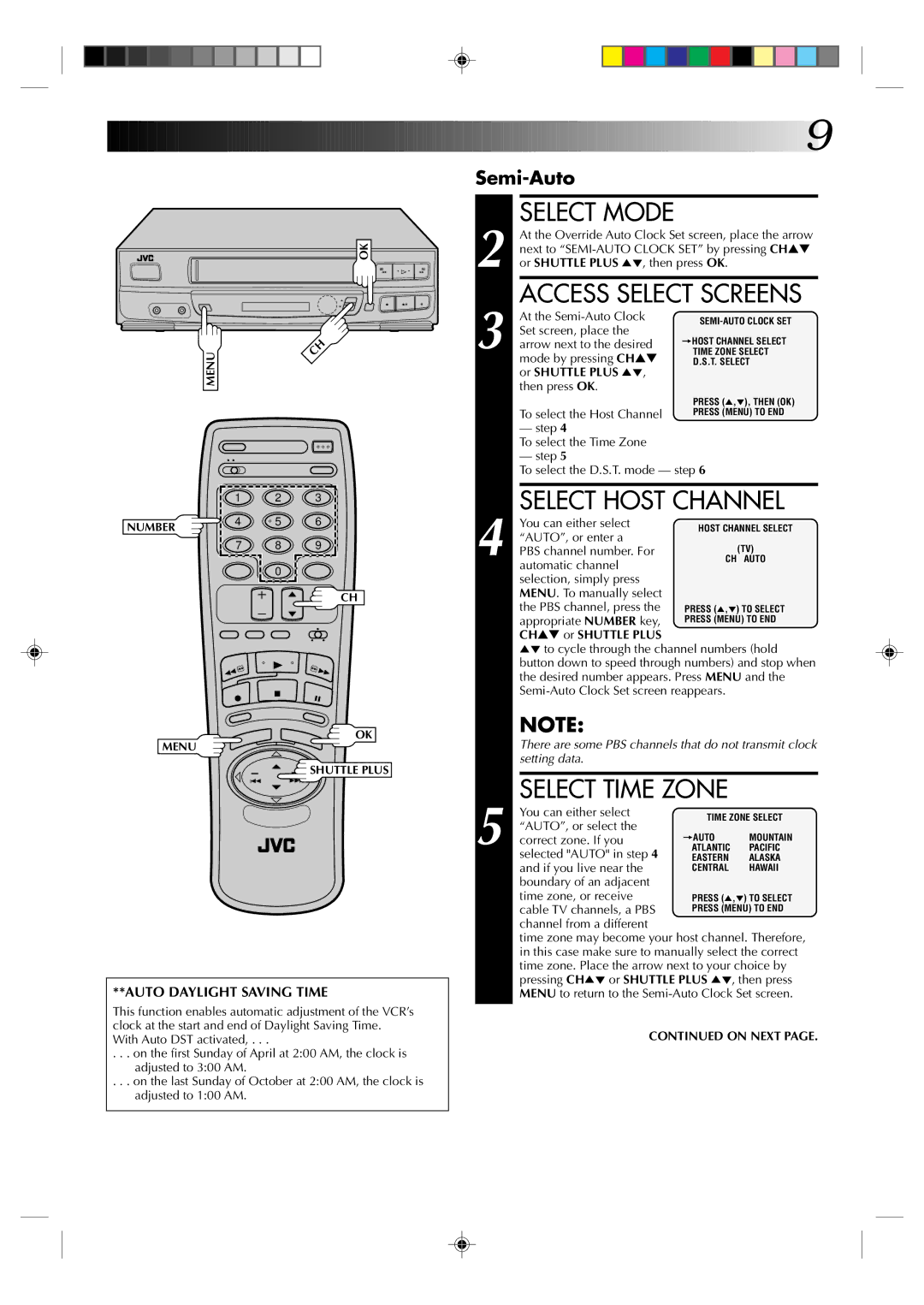 JVC HR-J430U manual Select Host Channel, Select Time Zone, Or Shuttle Plus, CH or Shuttle Plus 