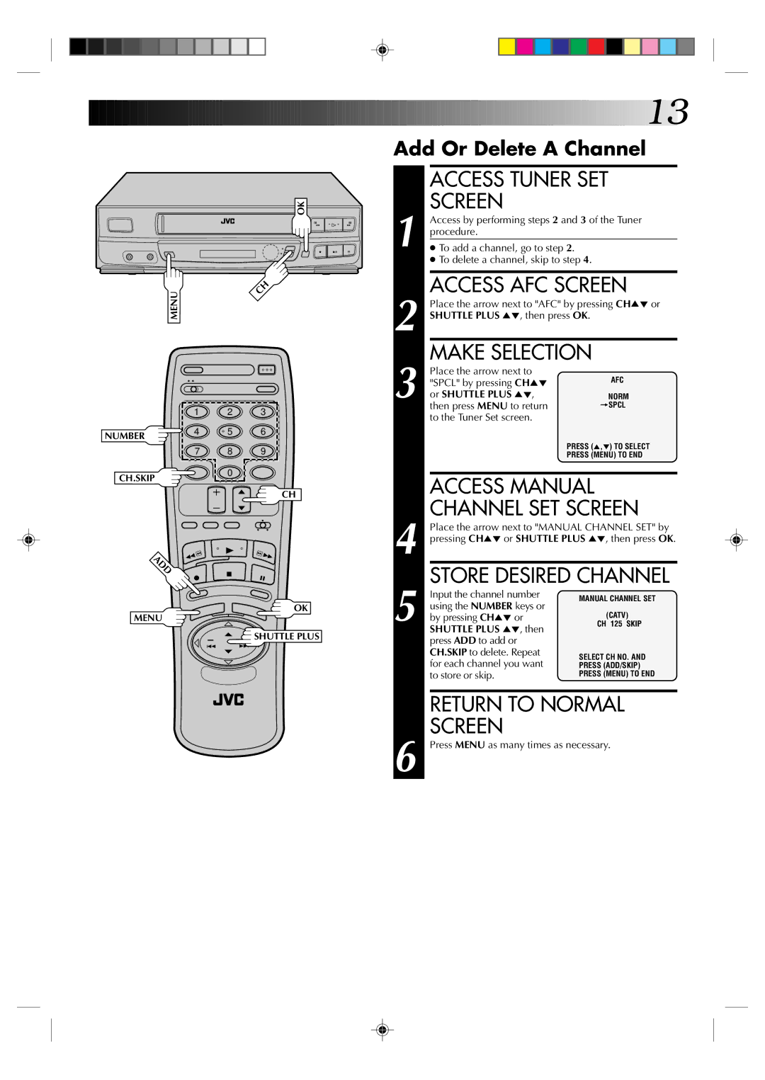 JVC HR-J433U manual Access AFC Screen, Make Selection, Access Manual, Channel SET Screen, Return to Normal 