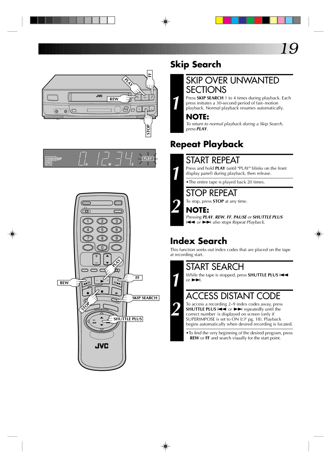 JVC HR-J433U manual Skip Over Unwanted Sections, Start Repeat, Stop Repeat, Start Search, Access Distant Code 