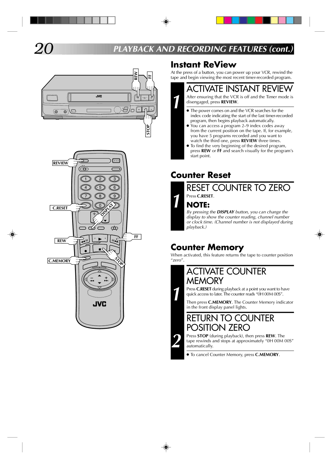 JVC HR-J433U Activate Instant Review, Reset Counter to Zero, Activate Counter, Memory, Return to Counter Position Zero 