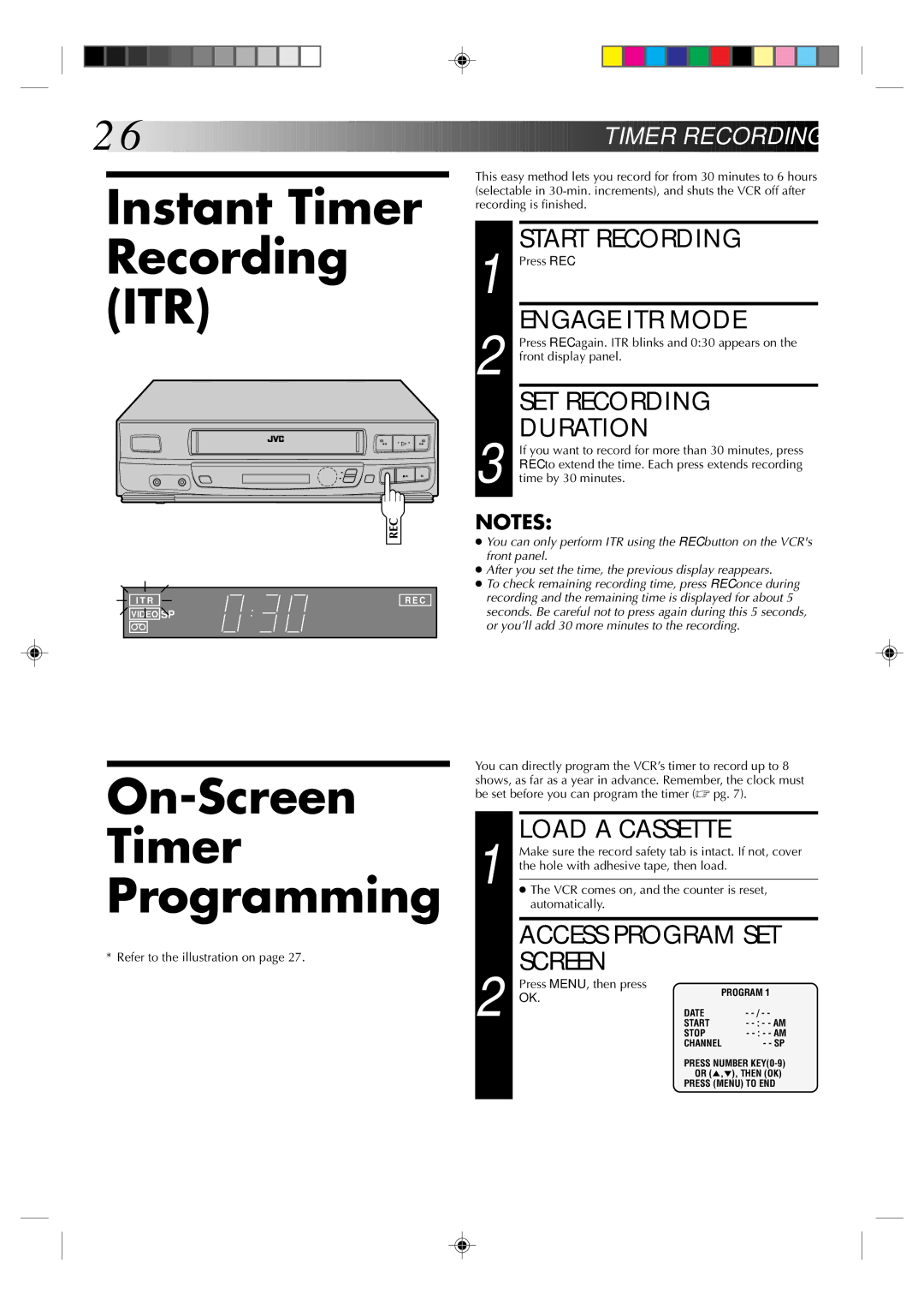 JVC HR-J433U manual Instant Timer Recording ITR, On-Screen Timer Programming, Engage ITR Mode, SET Recording Duration 