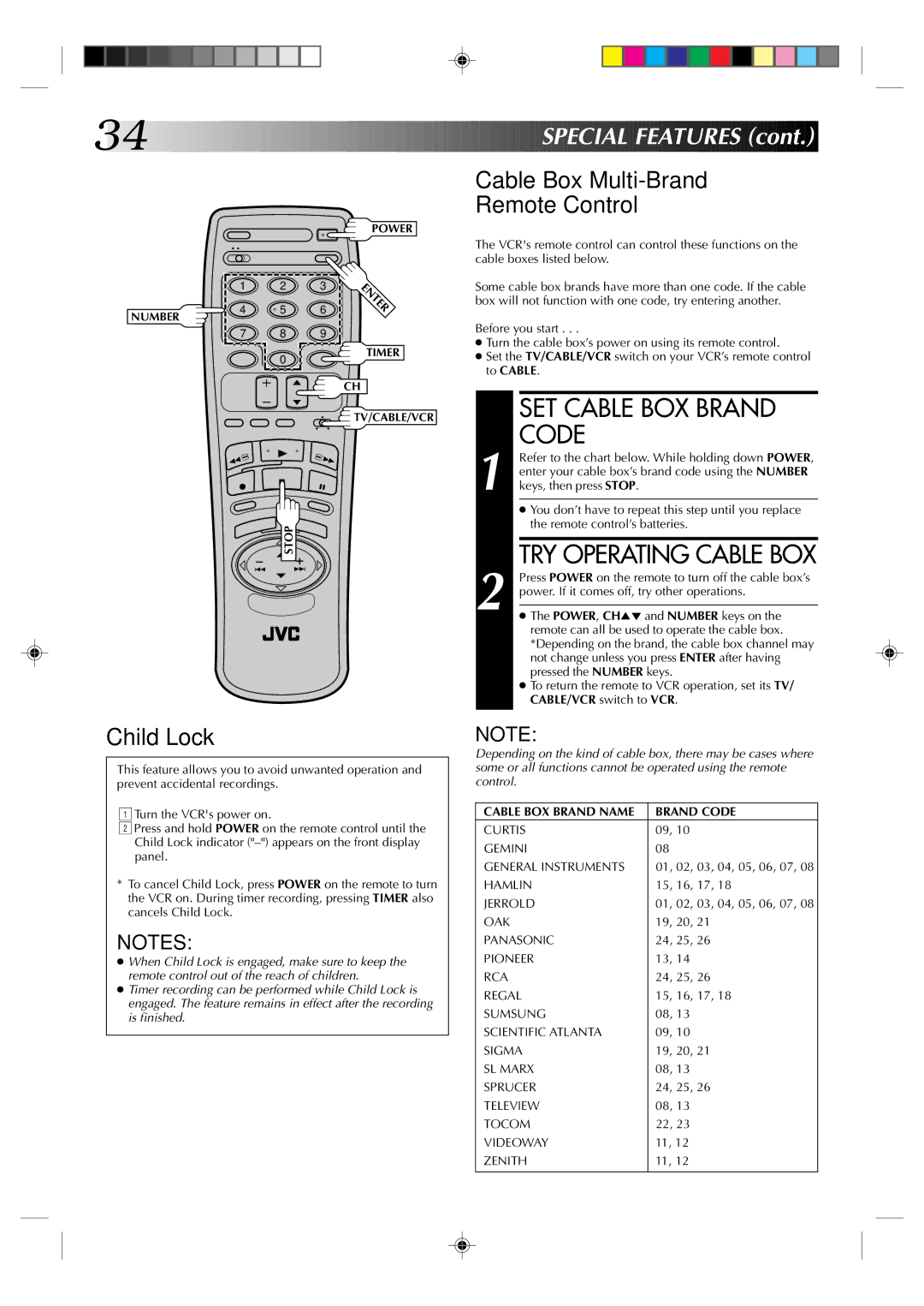 JVC HR-J433U SET Cable BOX Brand Code, TRY Operating Cable BOX, Special Features, Cable Box Multi-Brand Remote Control 