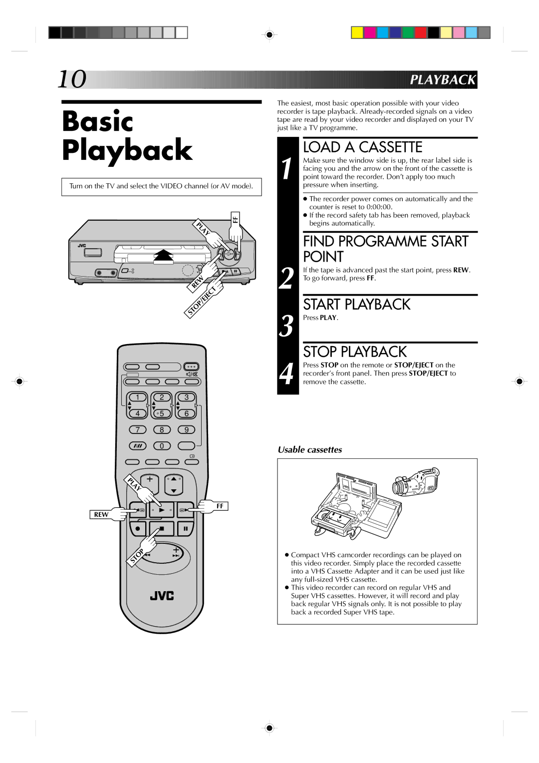 JVC HR-J435EA specifications Basic Playback, Load a Cassette, Point, Start Playback, Stop Playback 