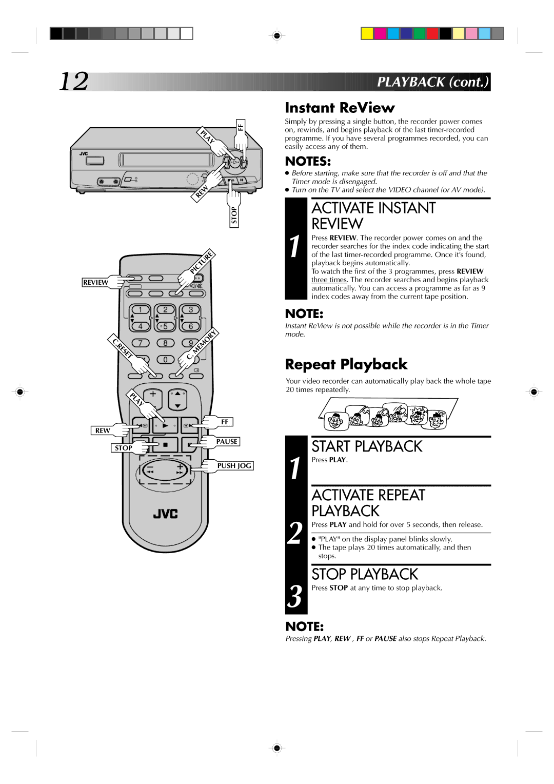 JVC HR-J435EA specifications Activate Instant Review, Activate Repeat, Instant ReView, Repeat Playback 