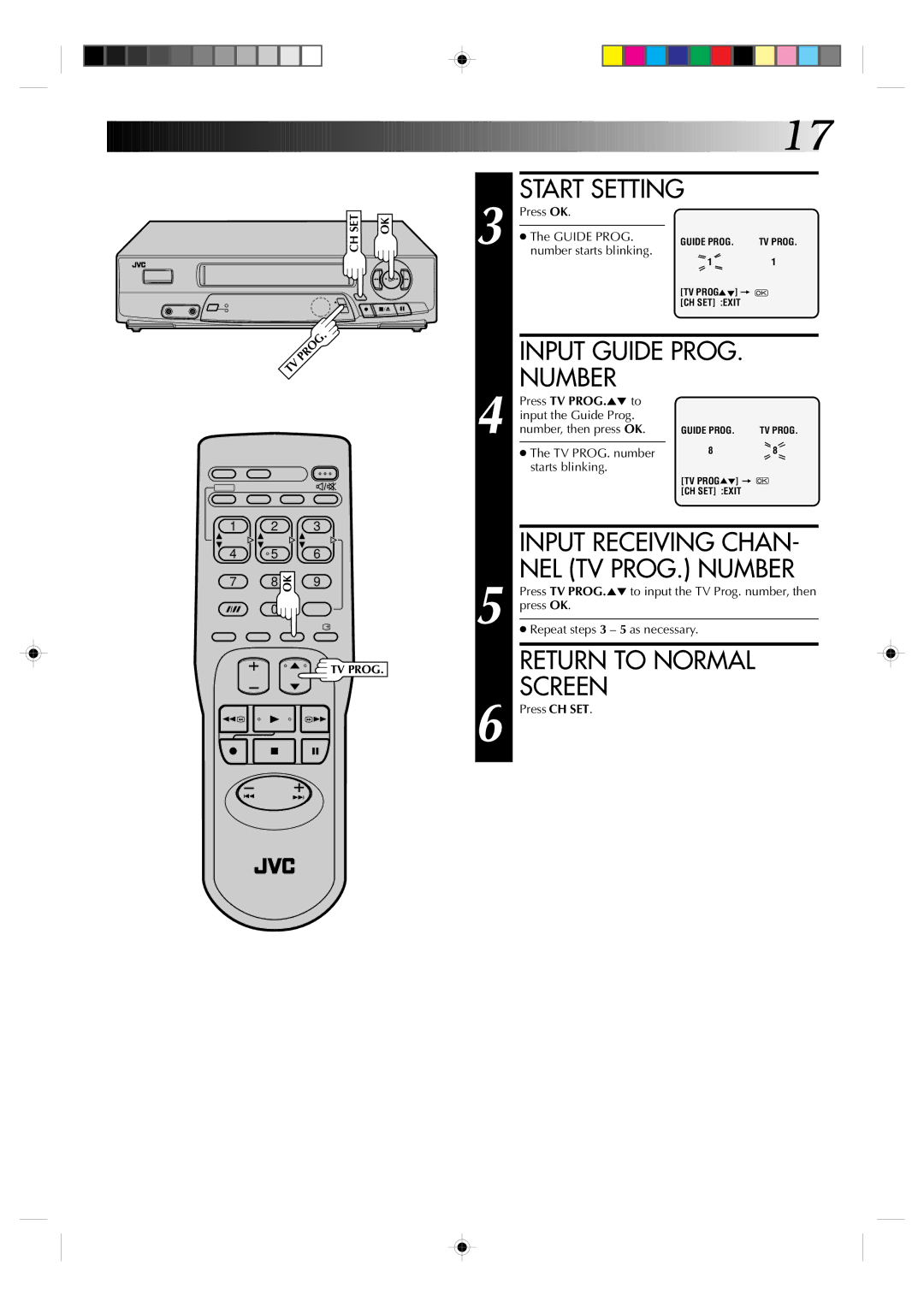 JVC HR-J435EA specifications Input Guide Prog Number, Press OK Guide Prog, Number starts blinking 