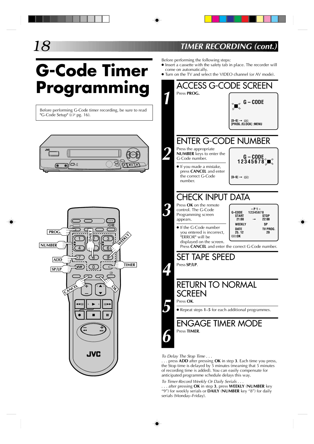 JVC HR-J435EA Code Timer Programming, Access G-CODE Screen, Enter G-CODE Number, Check Input Data, Engage Timer Mode 