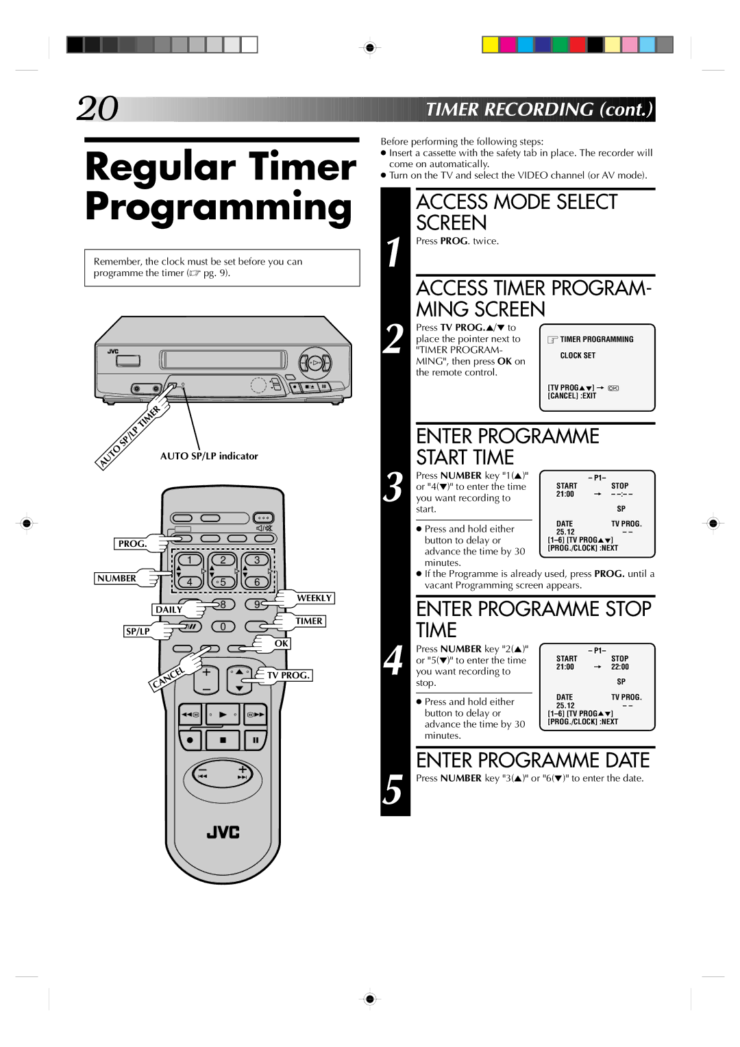 JVC HR-J435EA specifications Regular Timer Programming, Enter Programme Stop 