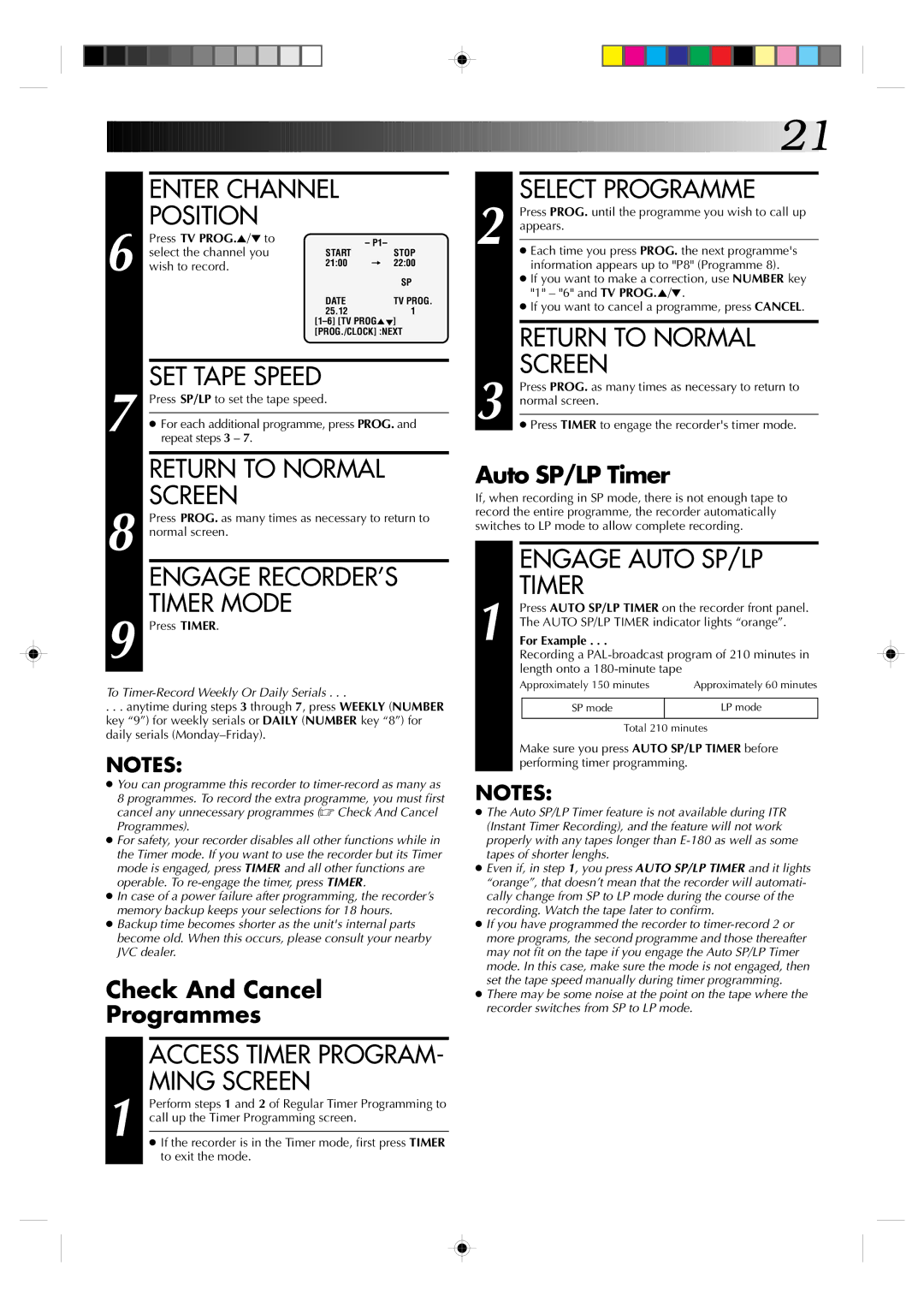 JVC HR-J435EA specifications Engage RECORDER’S, Timer Mode, Select Programme, Engage Auto SP/LP 